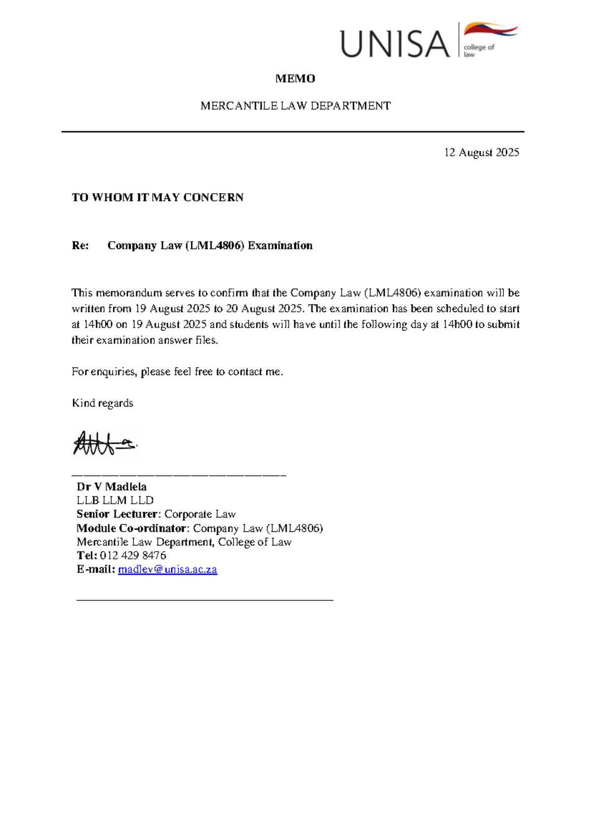 LML4806 Company Law Exam Schedule: 19-20 Aug 2025 - Studocu