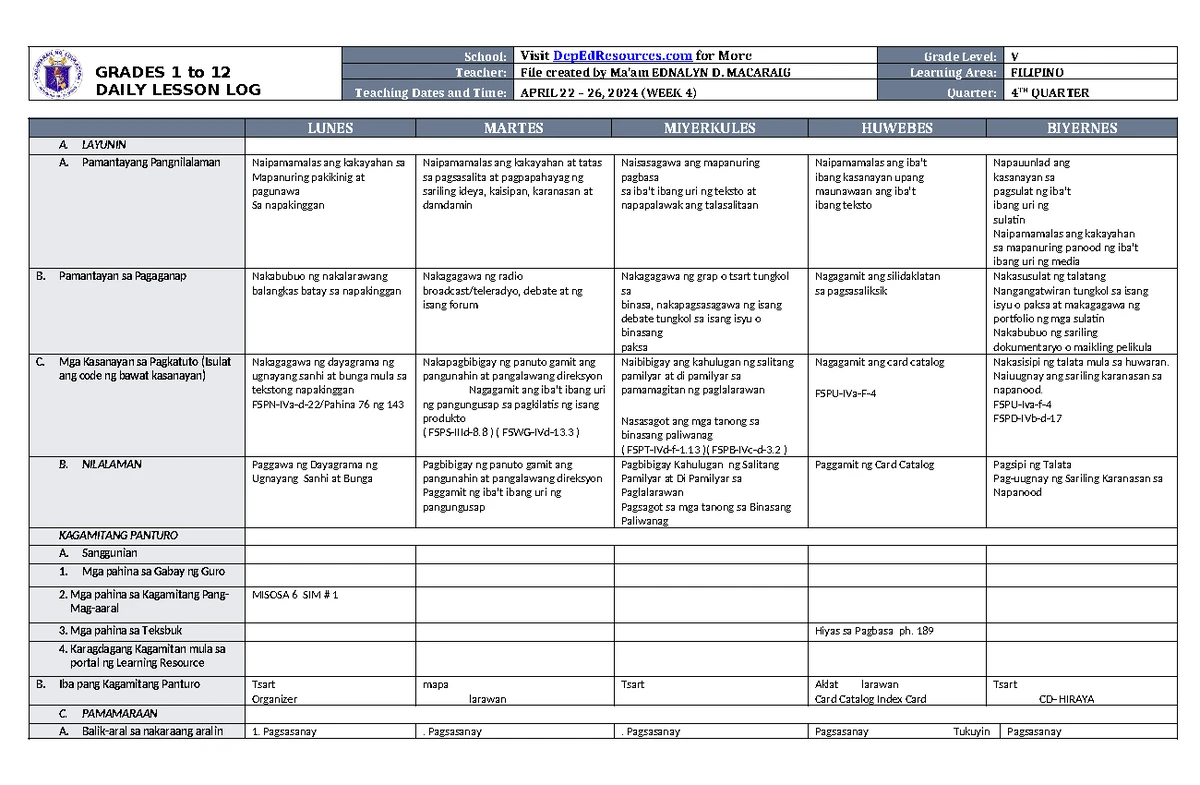 DLL Filipino 5 Q4 W5 - Daily Lesson Log and Learning Activities - Studocu