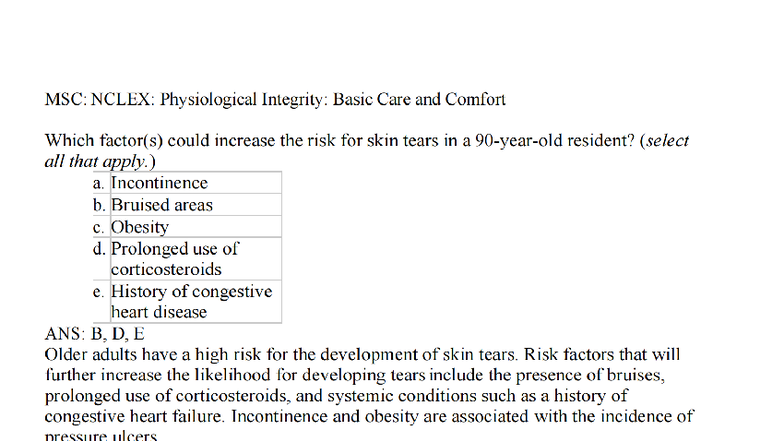 MSC: NCLEX: Physiological Integrity: Skin Tears Risk Factors ...