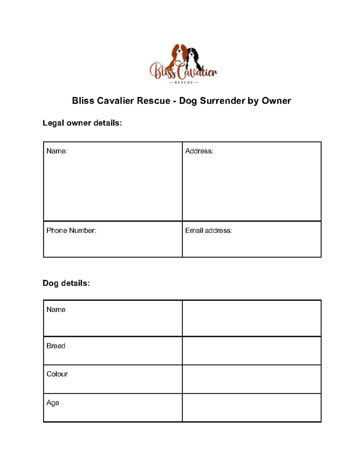 Bliss Cavalier Rescue Dog Surrender Form: Owner Details & Agreement ...
