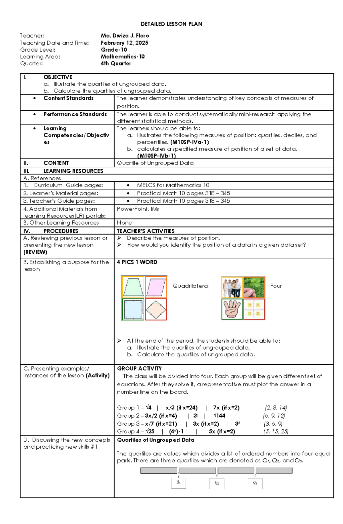 LP 2 12 25 Wednesday Final: Detailed Lesson Plan on Quartiles - Studocu