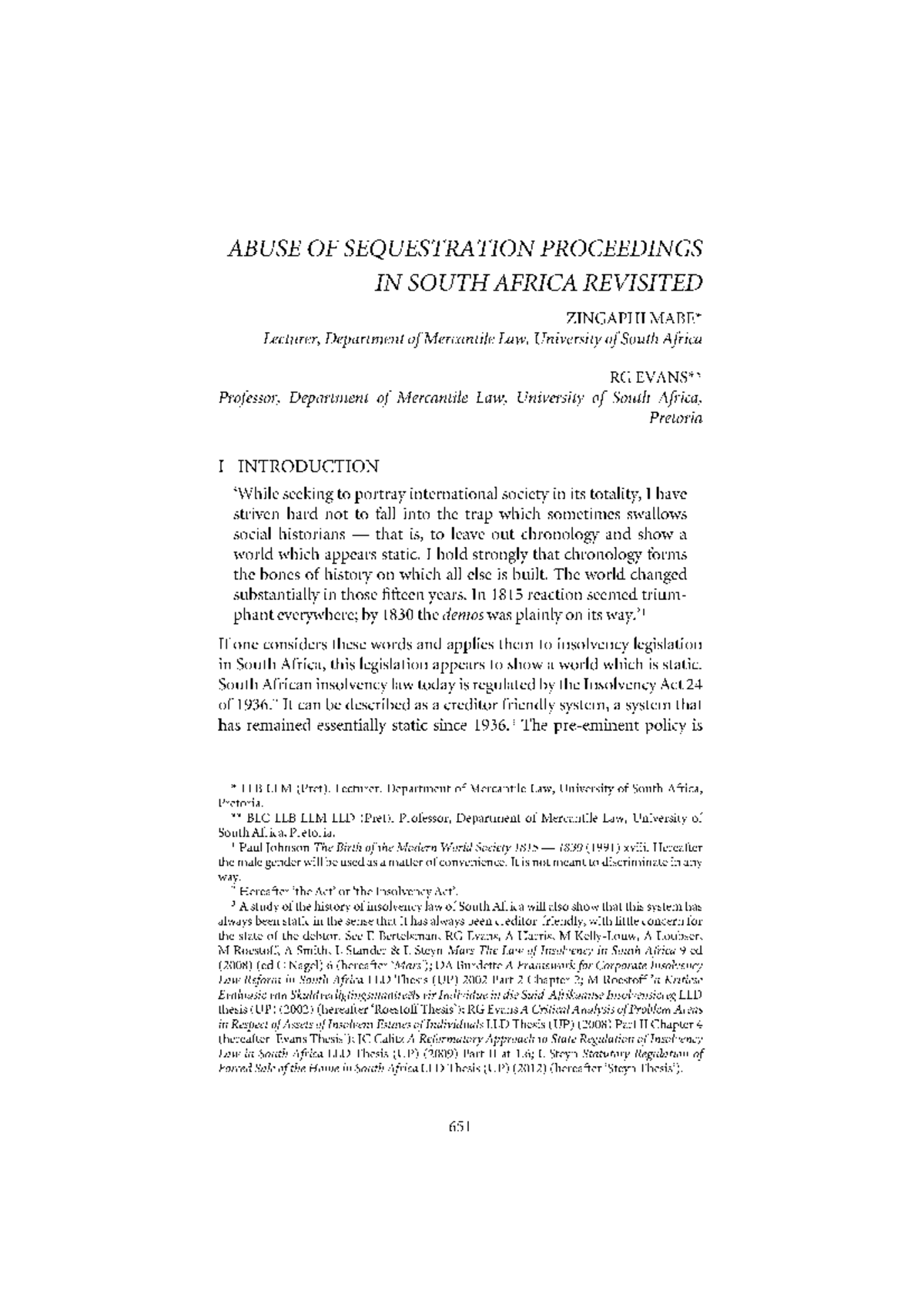 Abuse of Sequestration Proceedings in SA: A Legal Perspective 26SAfr ...