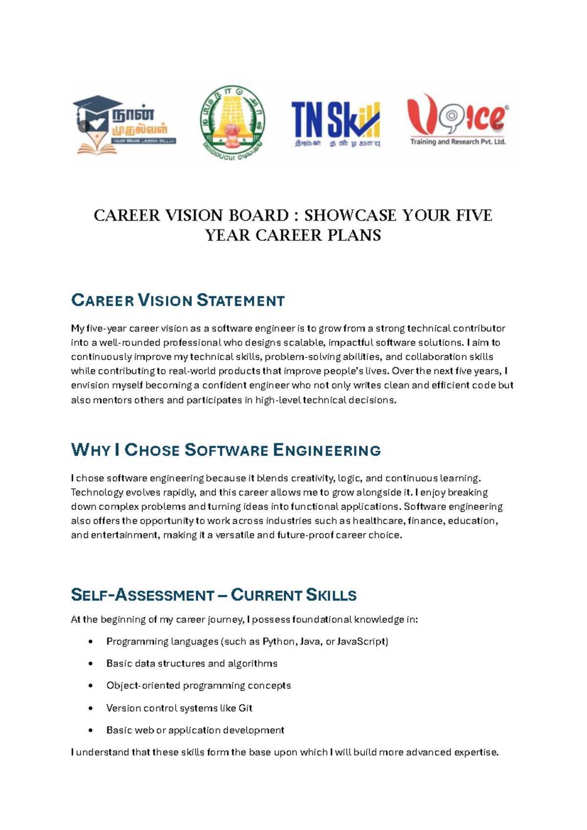 Career Vision Board: 5-Year Plan for Software Engineering Success - Studocu