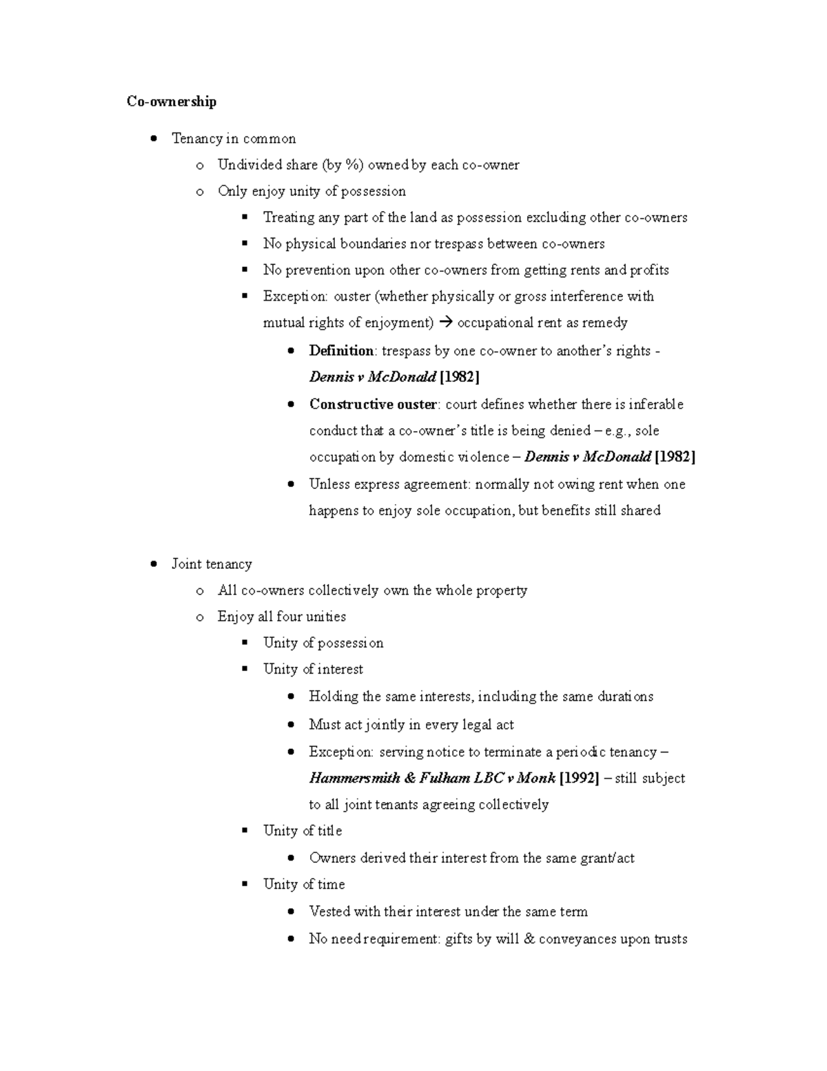 Co-Ownership Concepts: Tenancy in Common & Joint Tenancy Notes - Studocu