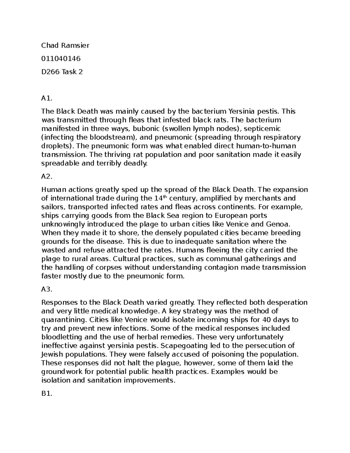 D266 Task 2 - The Black Death: Causes, Spread, and Responses - Studocu