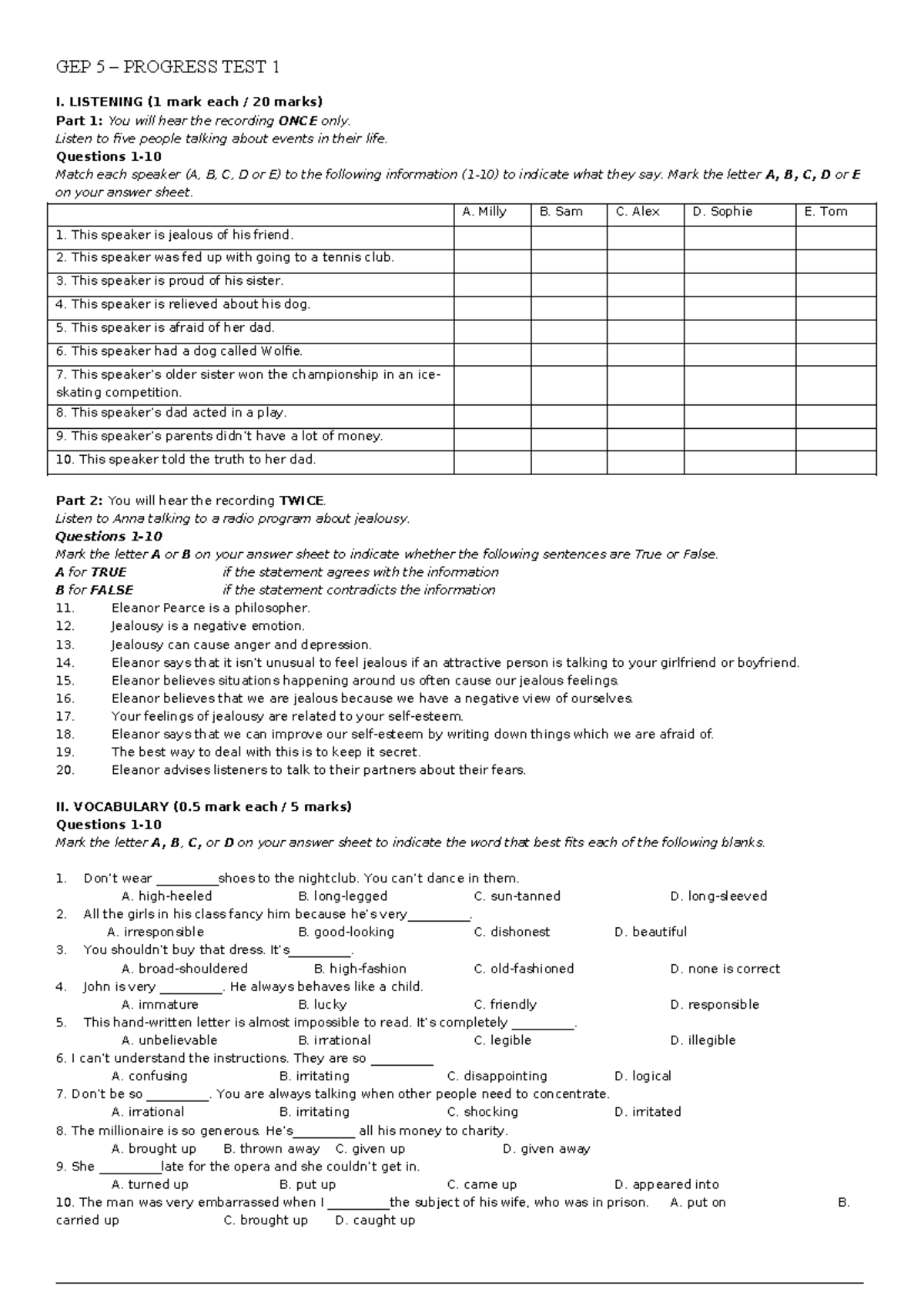GEP 5 PROGRESS TEST 1 - LISTENING, VOCABULARY, GRAMMAR & READING - Studocu
