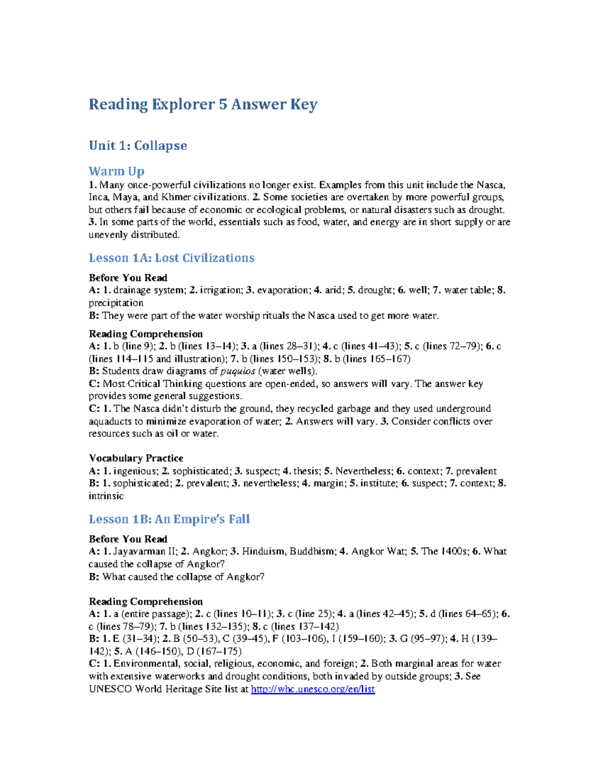 Reading Explorer 5 Answer Key: Units 1-7 Overview - Studocu