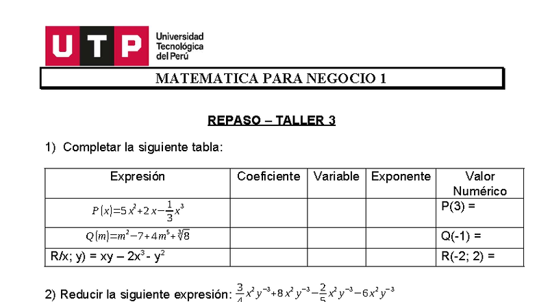 MAT 1 - Repaso Taller 3: Expresiones Algebraicas y Cálculos - Studocu