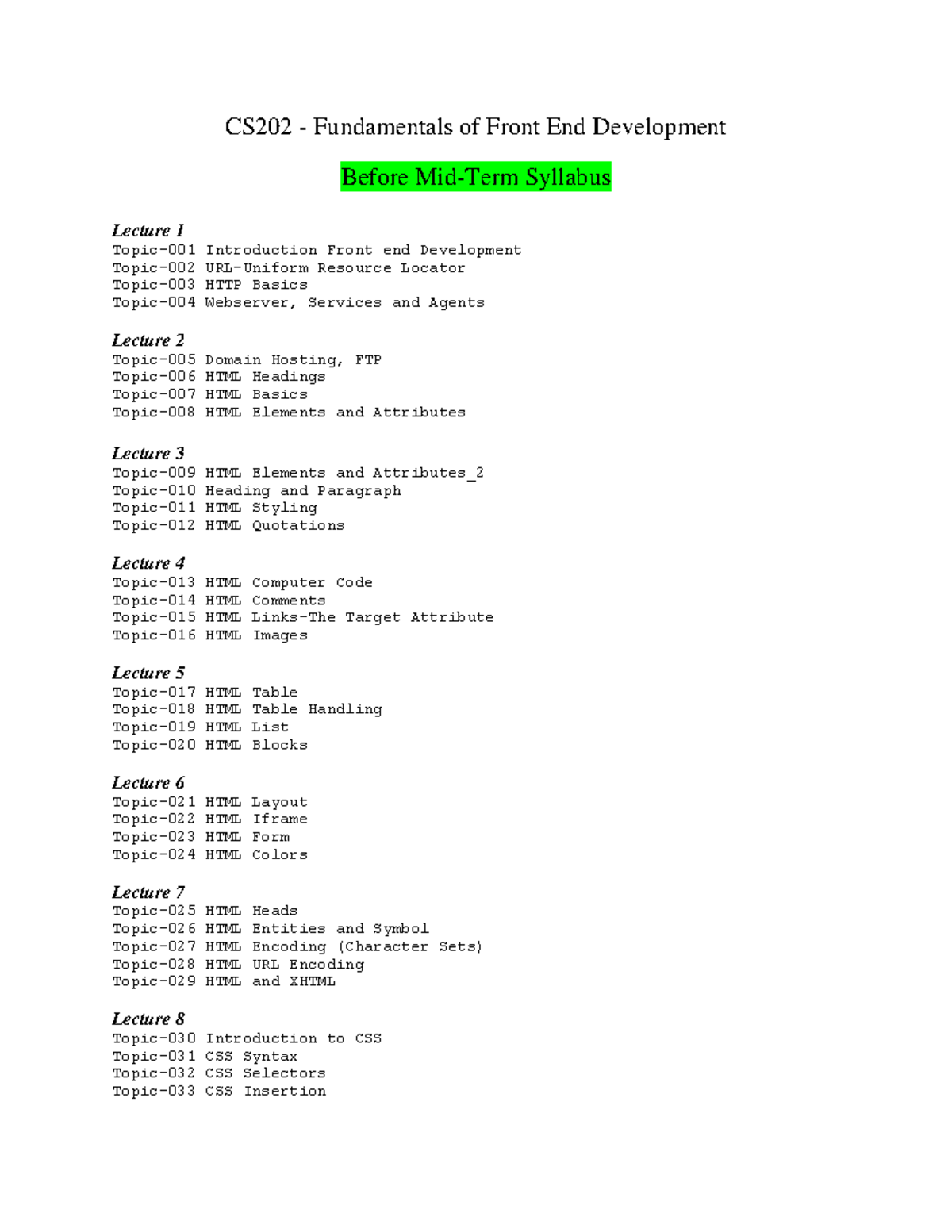 CS202 Syllabus updated - CS202 - Fundamentals of Front End Development ...