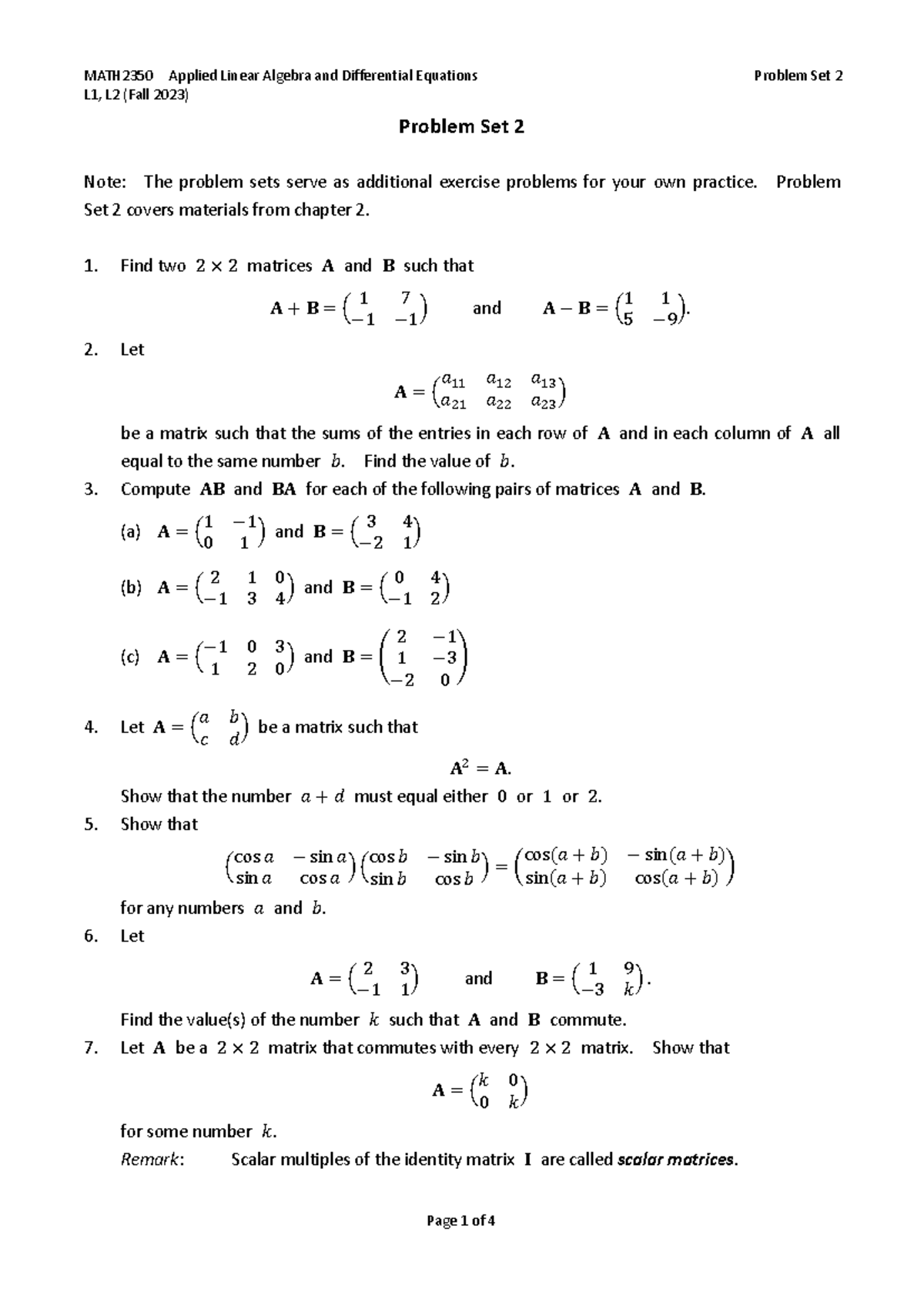 2350 Problem Set 2 - Linear Algebra Exercises (Fall 2023) - Studocu