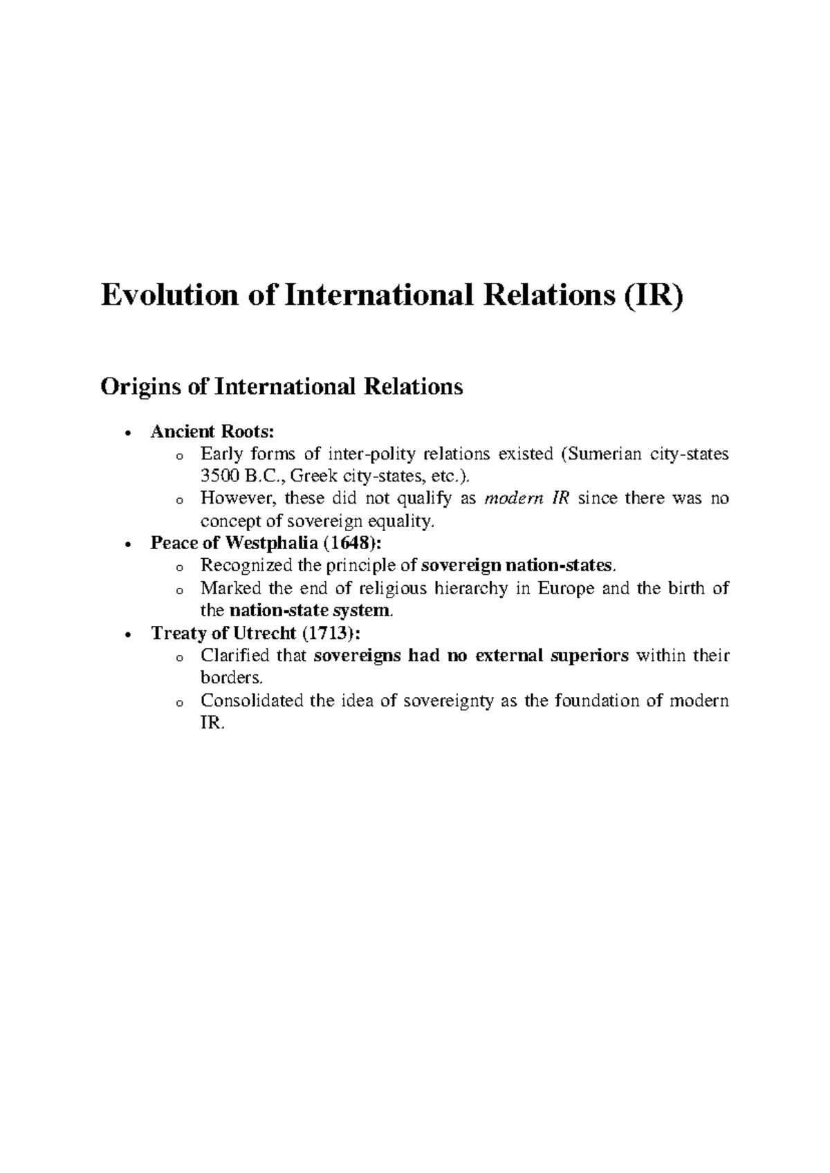 Evolution of International Relations: SEM V Insights and Stages - Studocu