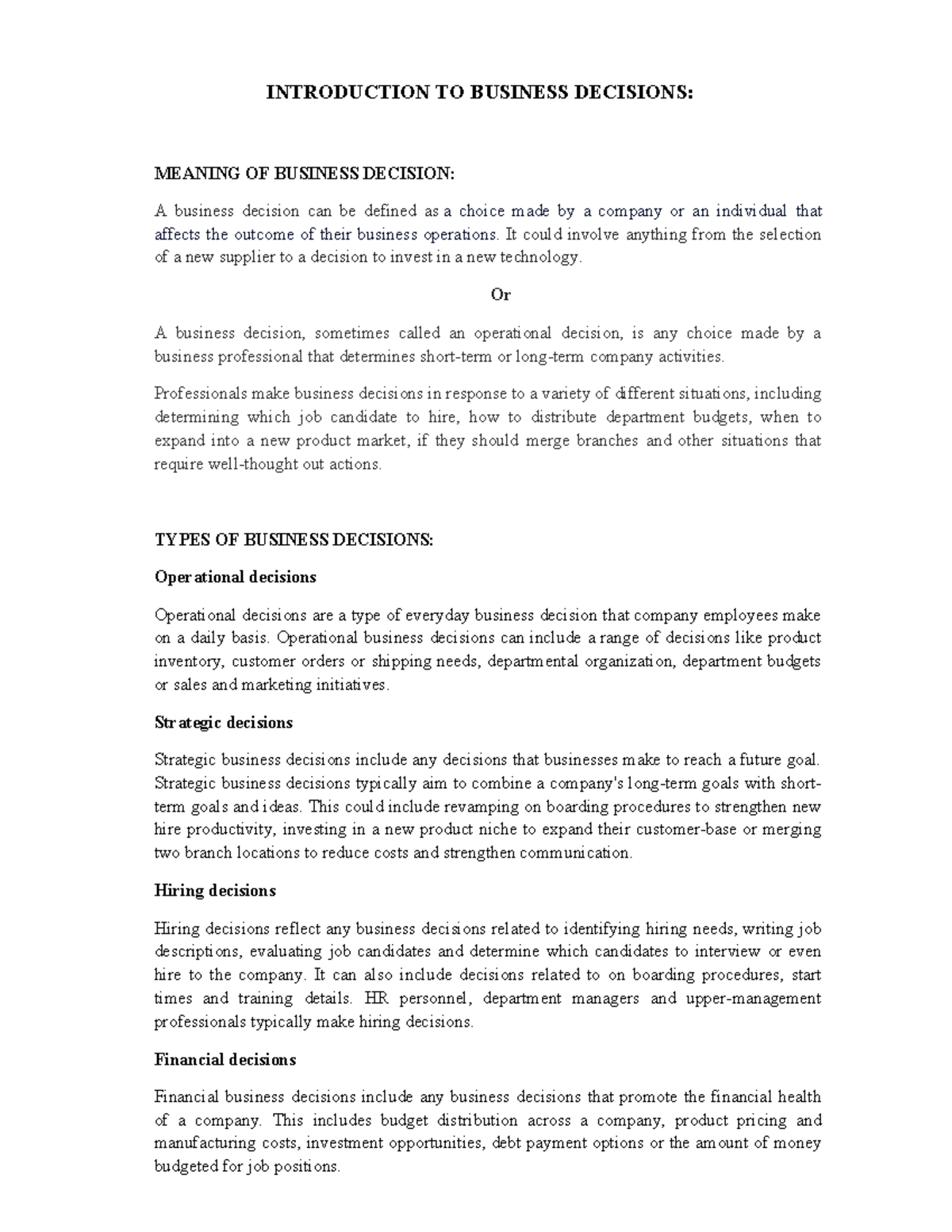 B.COM BDMS NOTES: Chapter 1 - Introduction to Business Decisions - Studocu