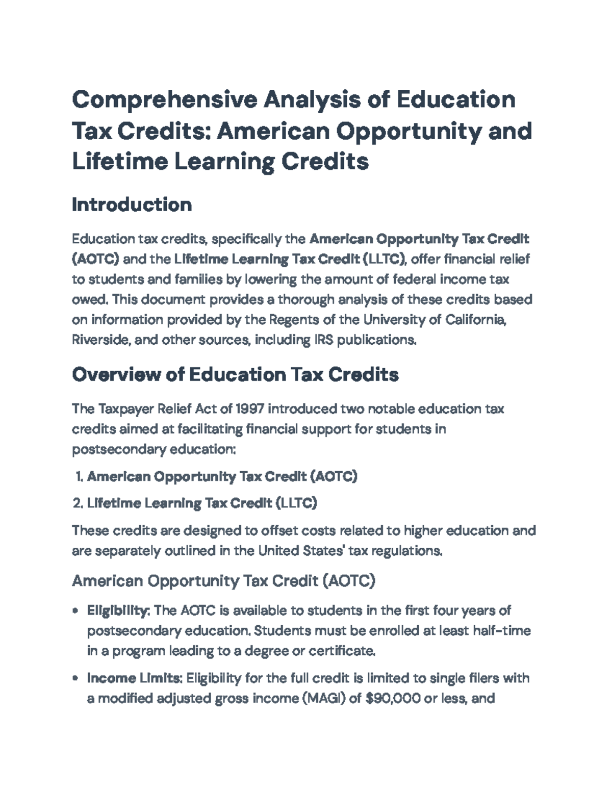 Analysis of Education Tax Credits: AOTC & LLTC Overview - Comprehensive ...