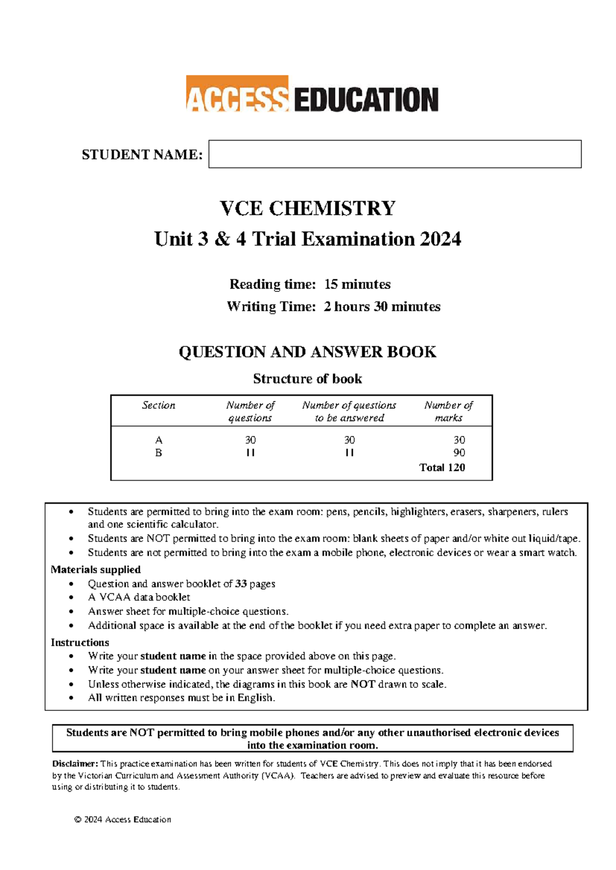 Access Ed VCE Chemistry Unit 3/4 Trial Exam 2024 - Studocu