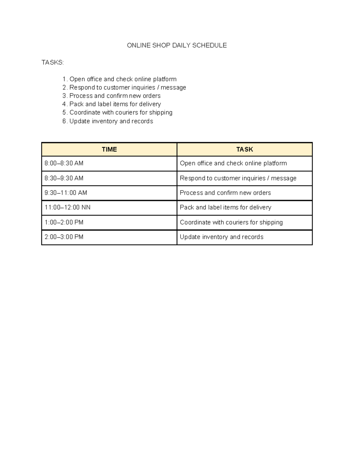Online SHOP Daily Schedule - ONLINE SHOP DAILY SCHEDULE TASKS: Open ...
