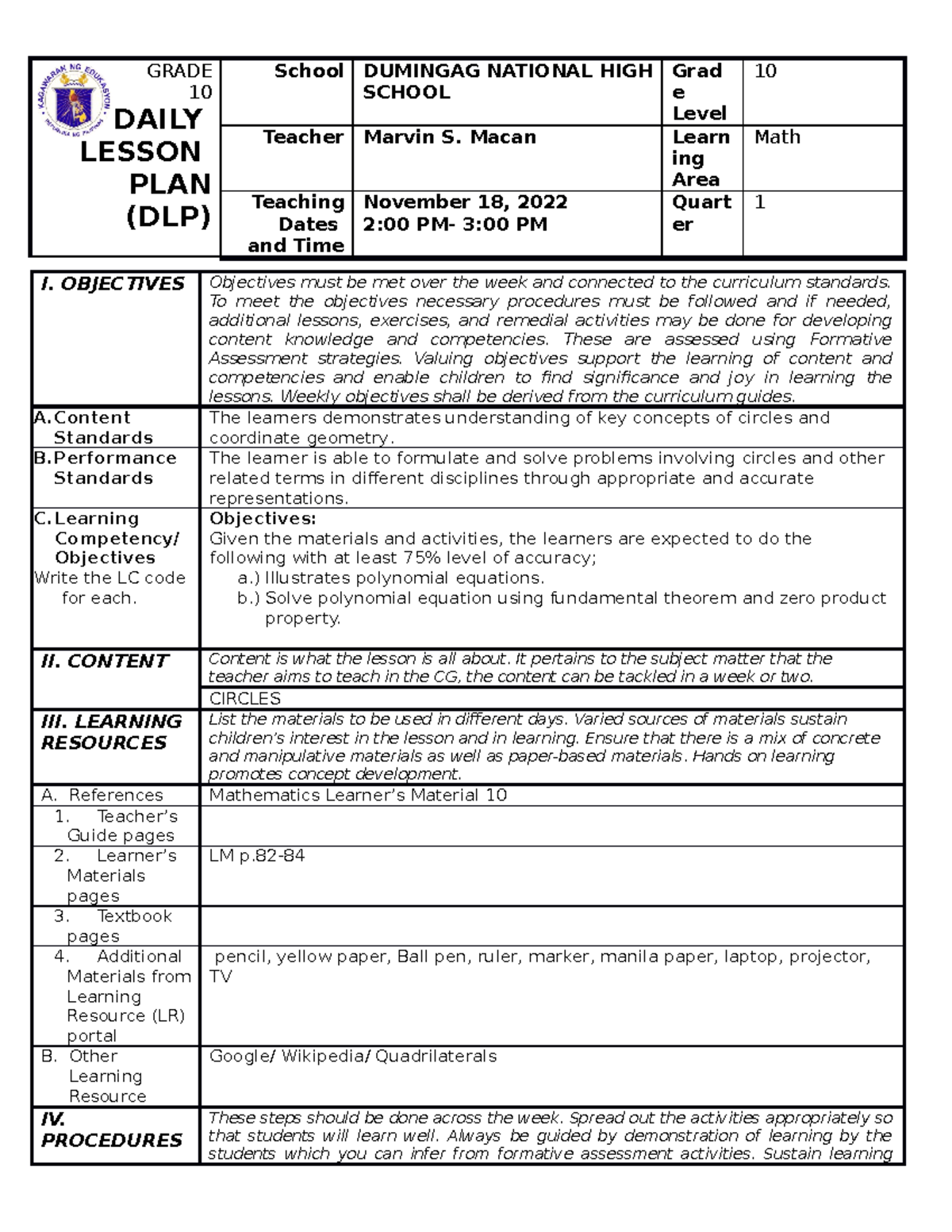 Lesson Plan on Circles for Grade 10 Math (DLP) - Nov 18, 2022 - Studocu