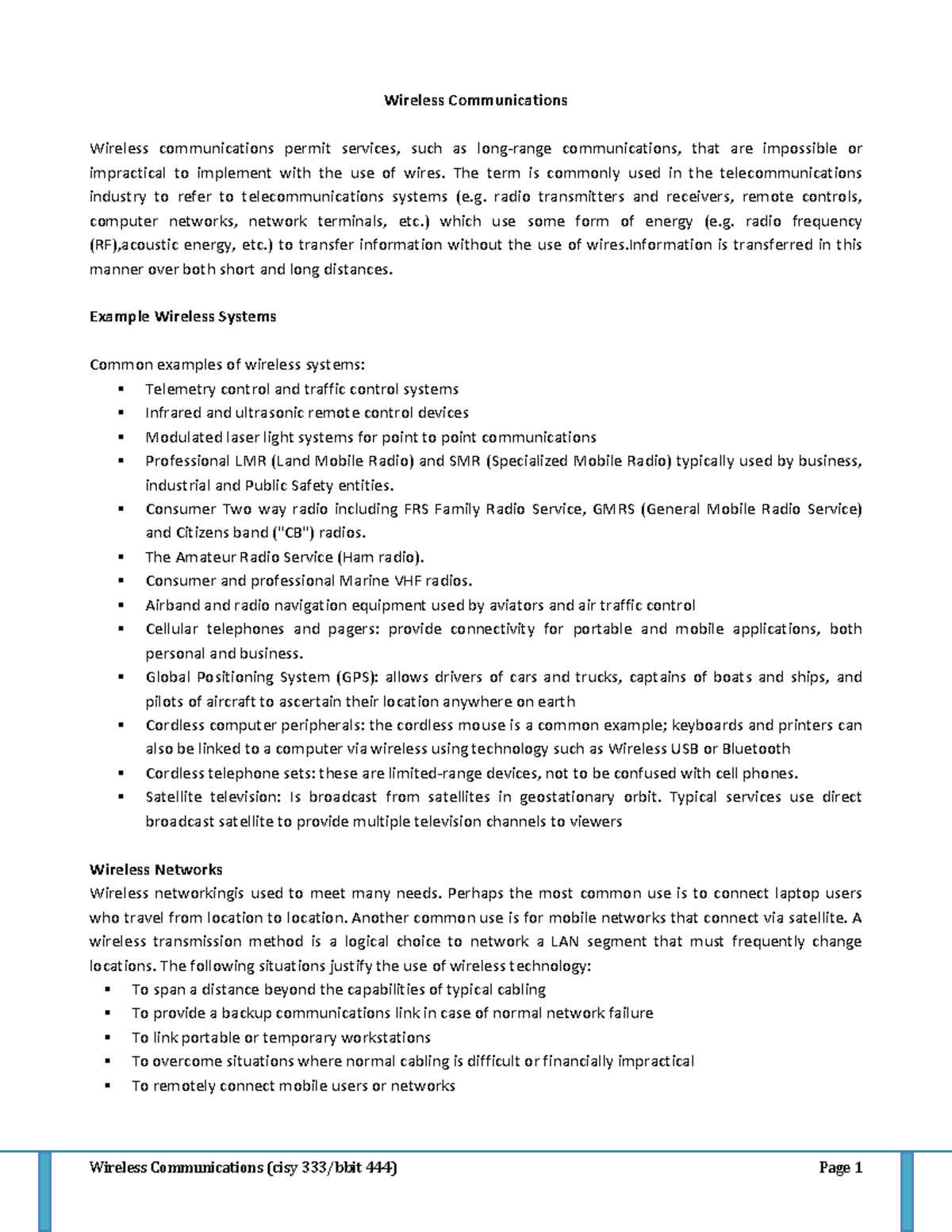 WC - Wireless Networks and Technologies Overview and Applications - Studocu