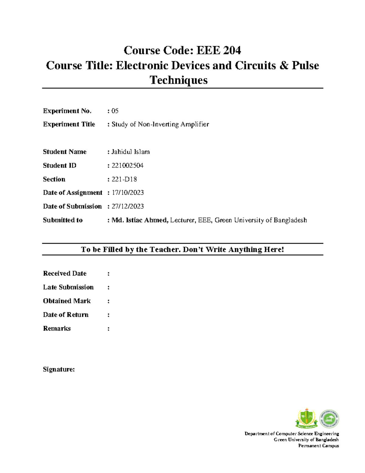 Study of Non-Inverting Amplifier (EEE 204) - Experiment No. 05 - Studocu