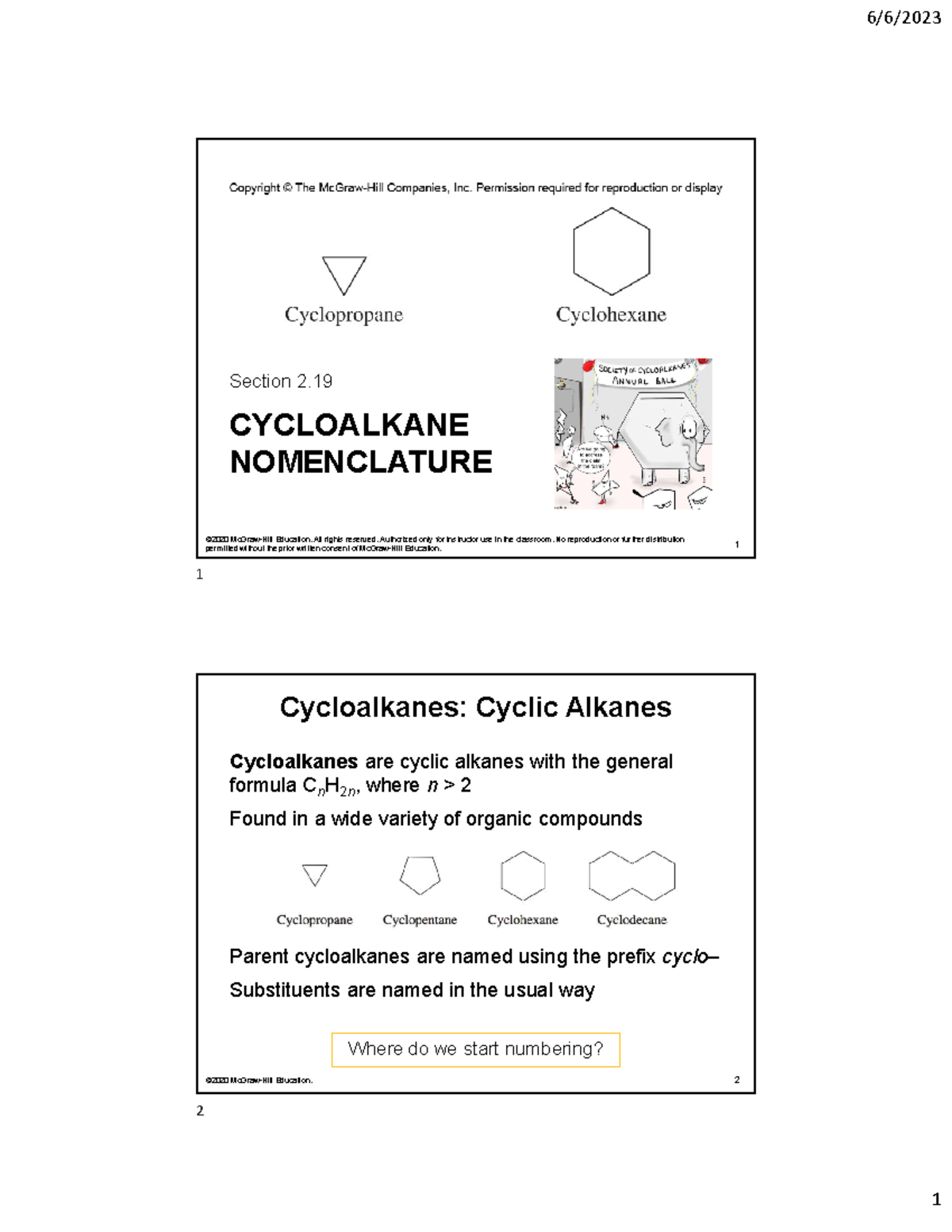 ORGO CH2 - notes - 1 Section 2. CYCLOALKANE NOMENCLATURE ©2020 McGraw ...