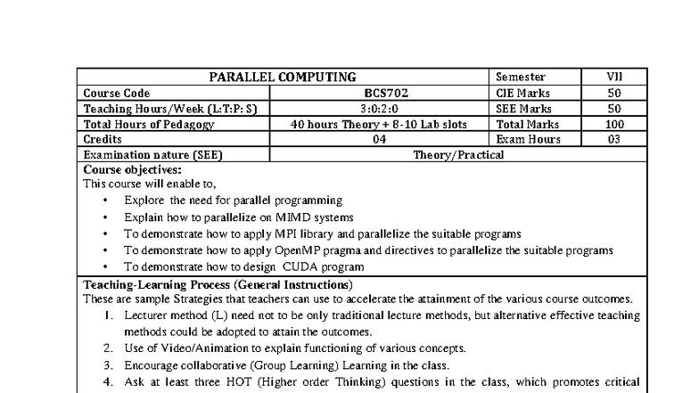 Syllabus BCS702 - Parallel Computing Overview and Assessment Details ...
