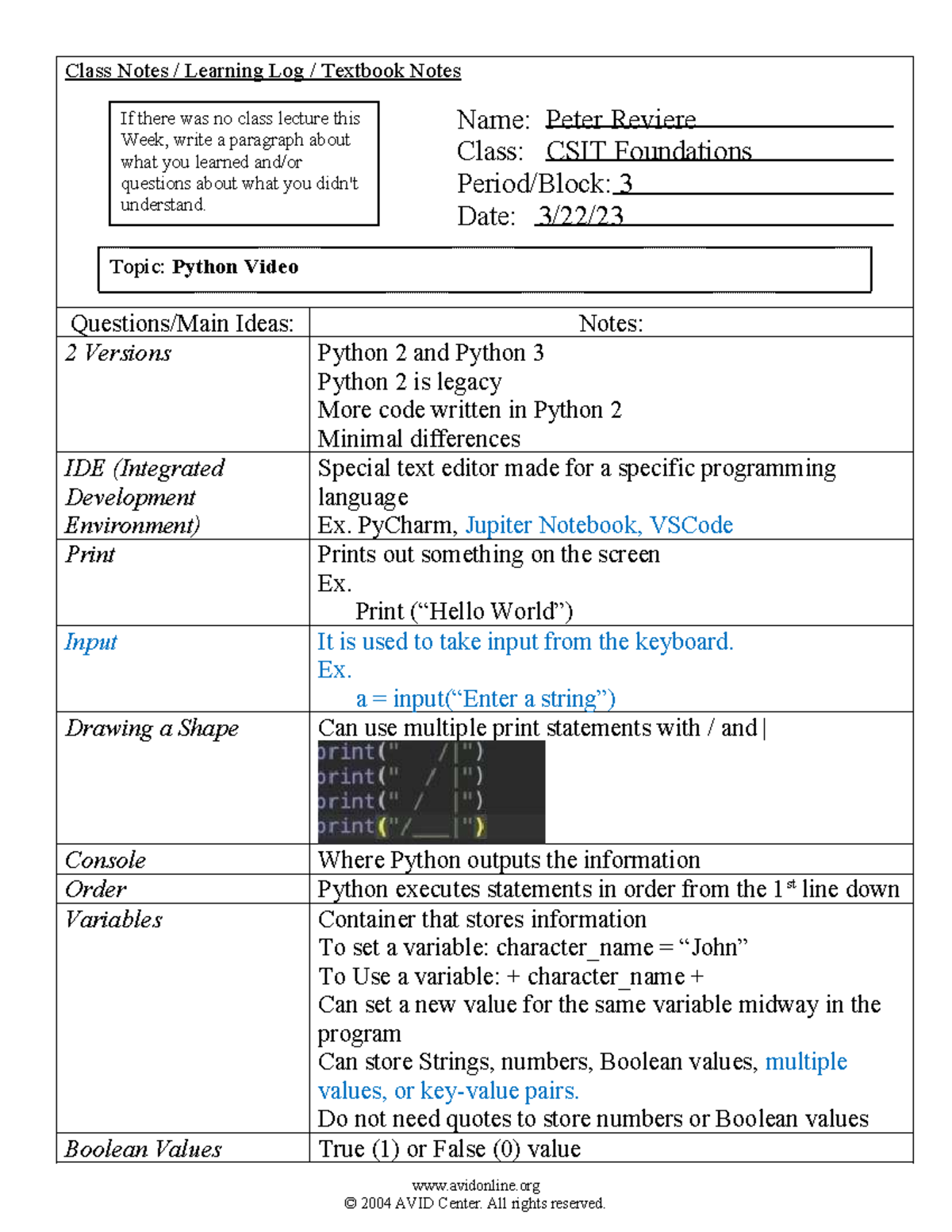 CSIT Foundations 3: Python Video Notes & Learning Log - Studocu