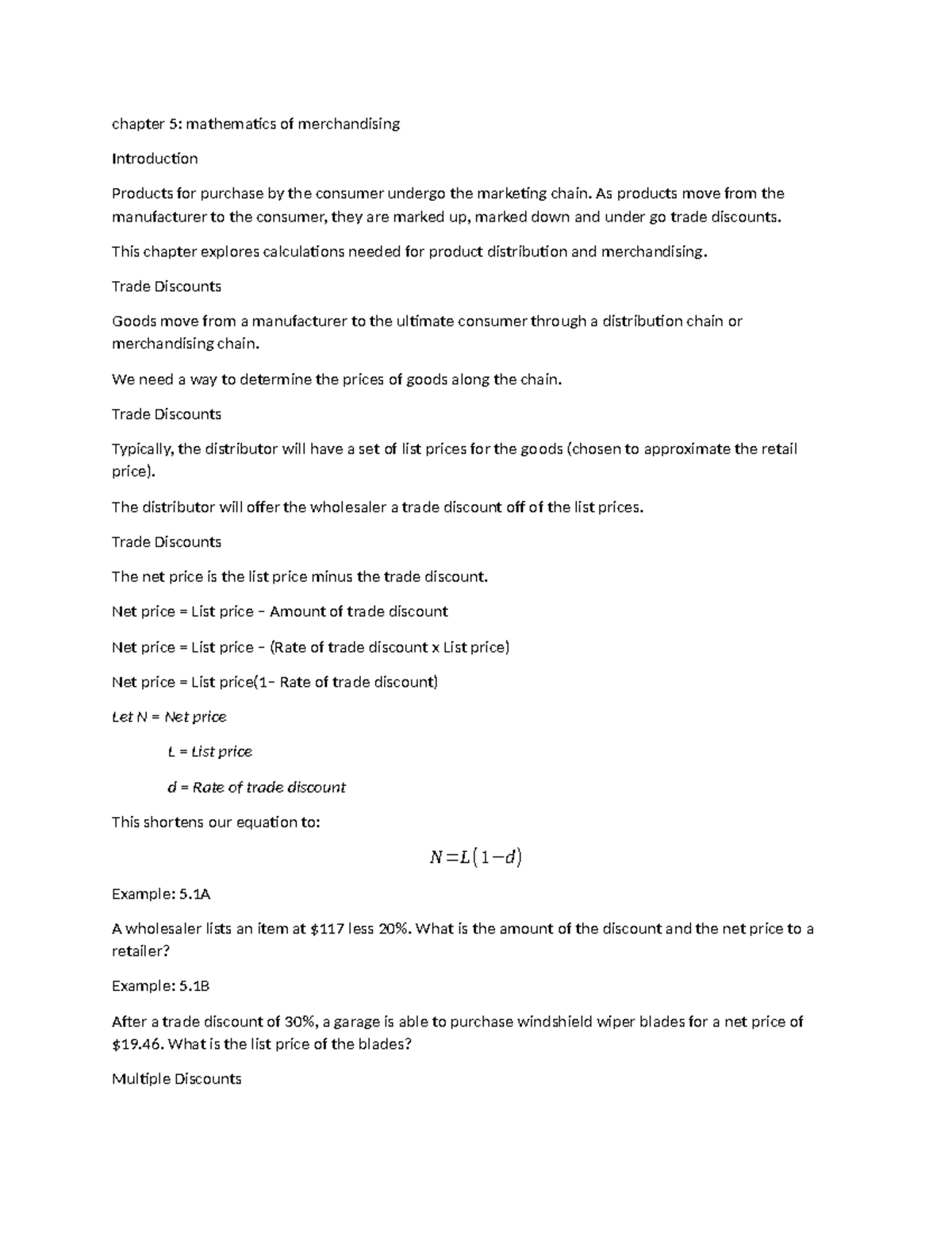 Mathe chapter 5 reviewer - chapter 5: mathematics of merchandising ...