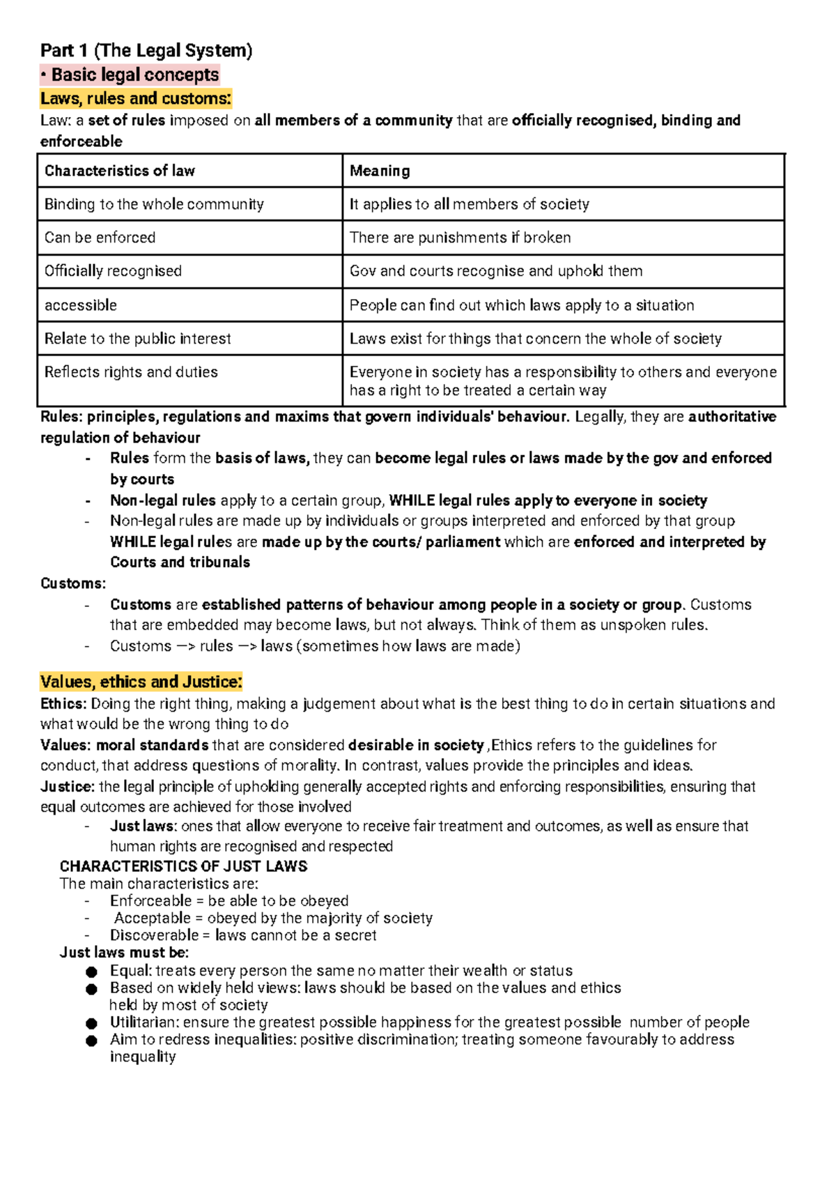 Legal study prelim notes - Part 1 (The Legal System) Basic legal ...