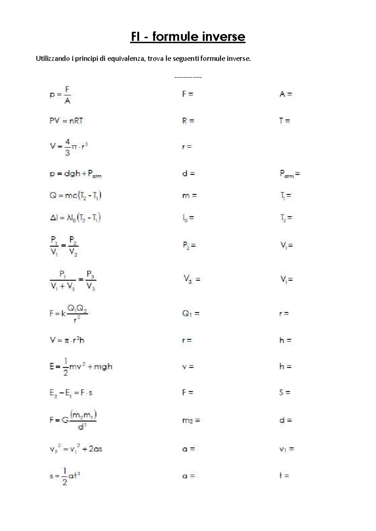 FI - formule inverse - Esercizi per apprendere meglio - fisica 1 ...