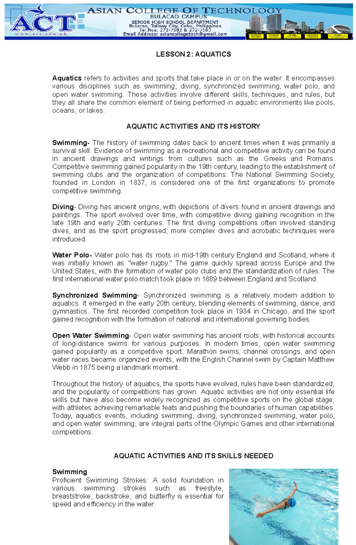CORE 154 Lesson 2: Understanding Aquatic Sports and Their History - Studocu