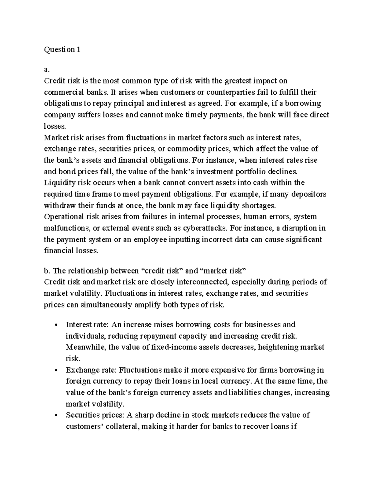 Question 1 - Risk Management in Banking: Credit, Market, and ...