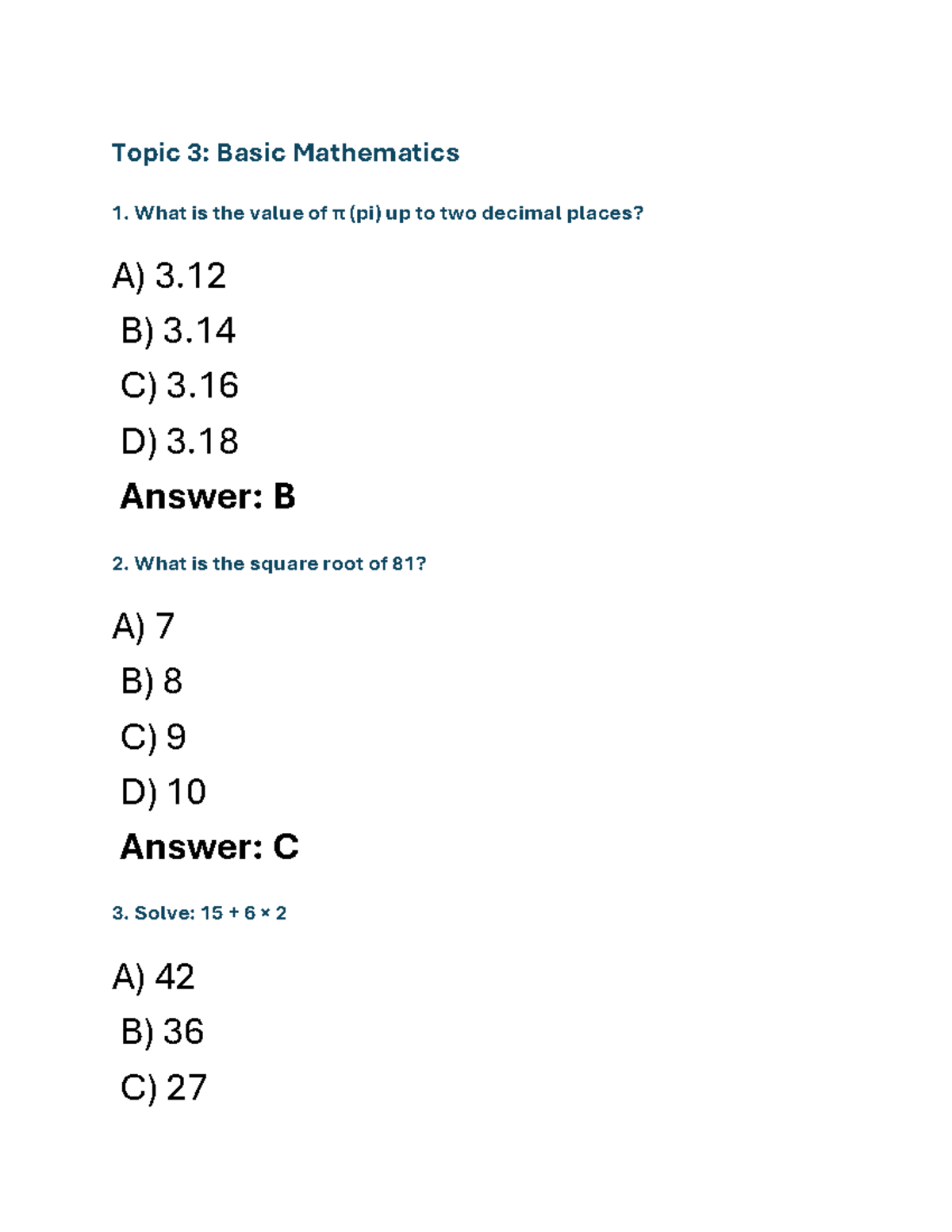 Basic Mathematics 1: Topic 3 Quiz Questions and Answers - Studocu