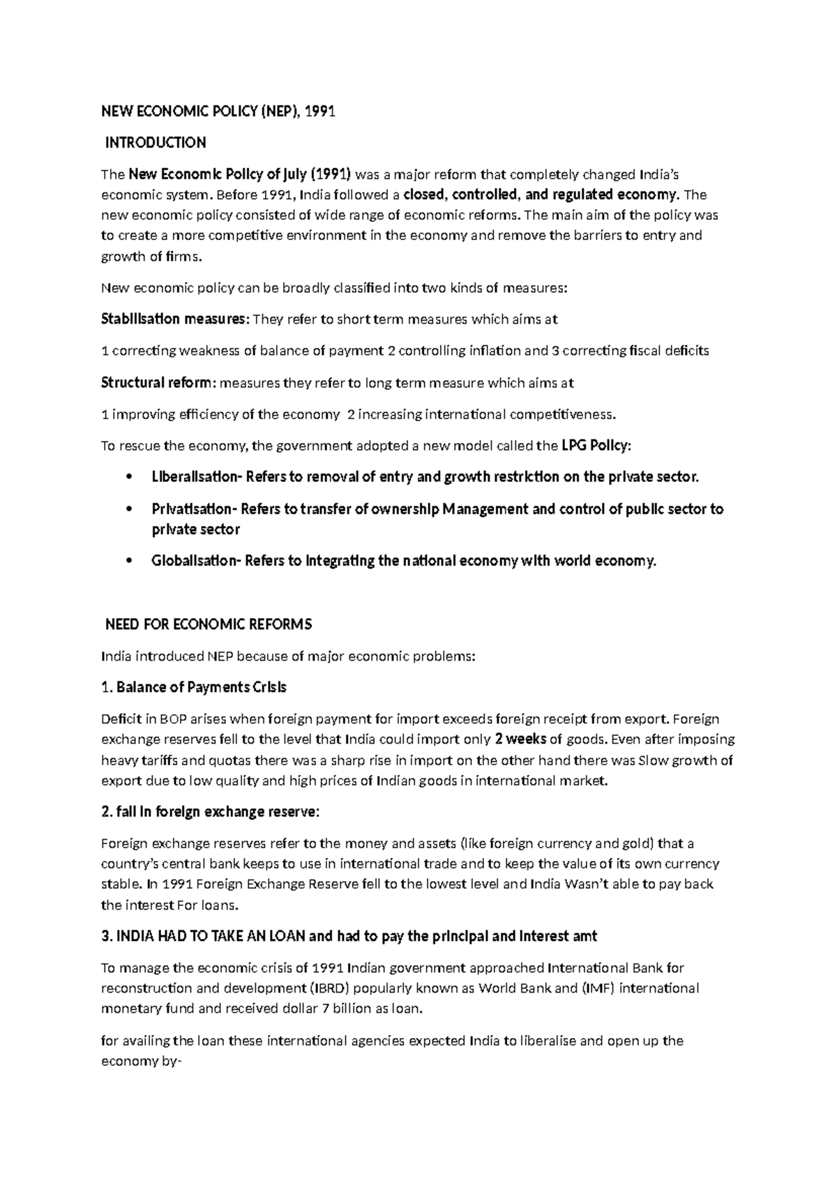 New Economic Policy (NEP) 1991: Key Reforms and Objectives - Studocu