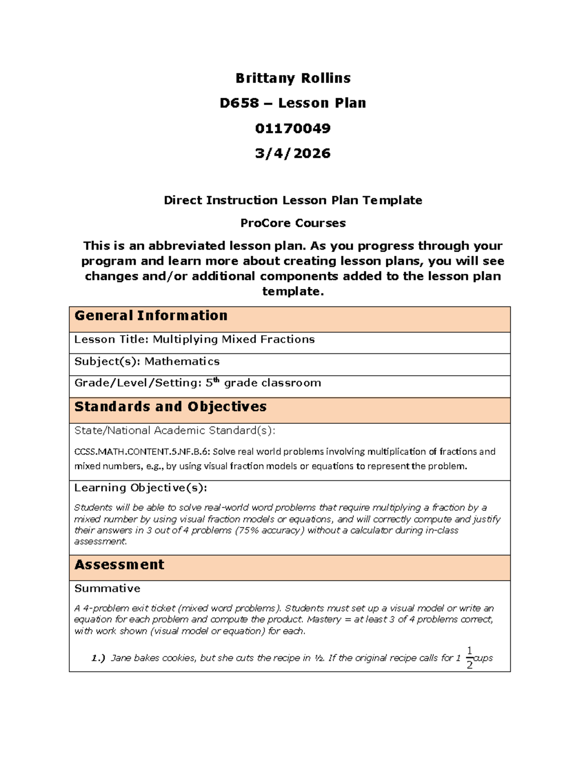 D658 Lesson Plan: Multiplying Mixed Fractions for 5th Grade - Studocu