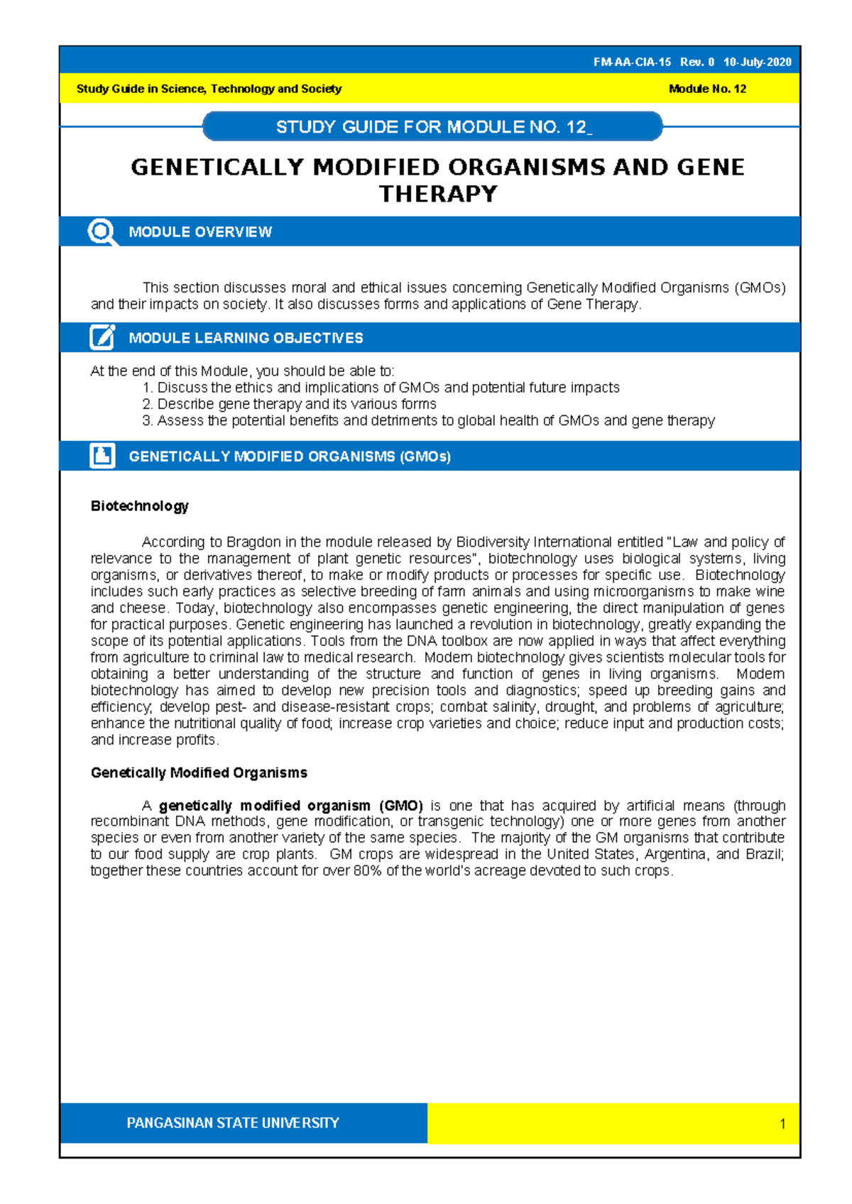 Study Guide for STS 12: GMOs and Gene Therapy Insights - Studocu