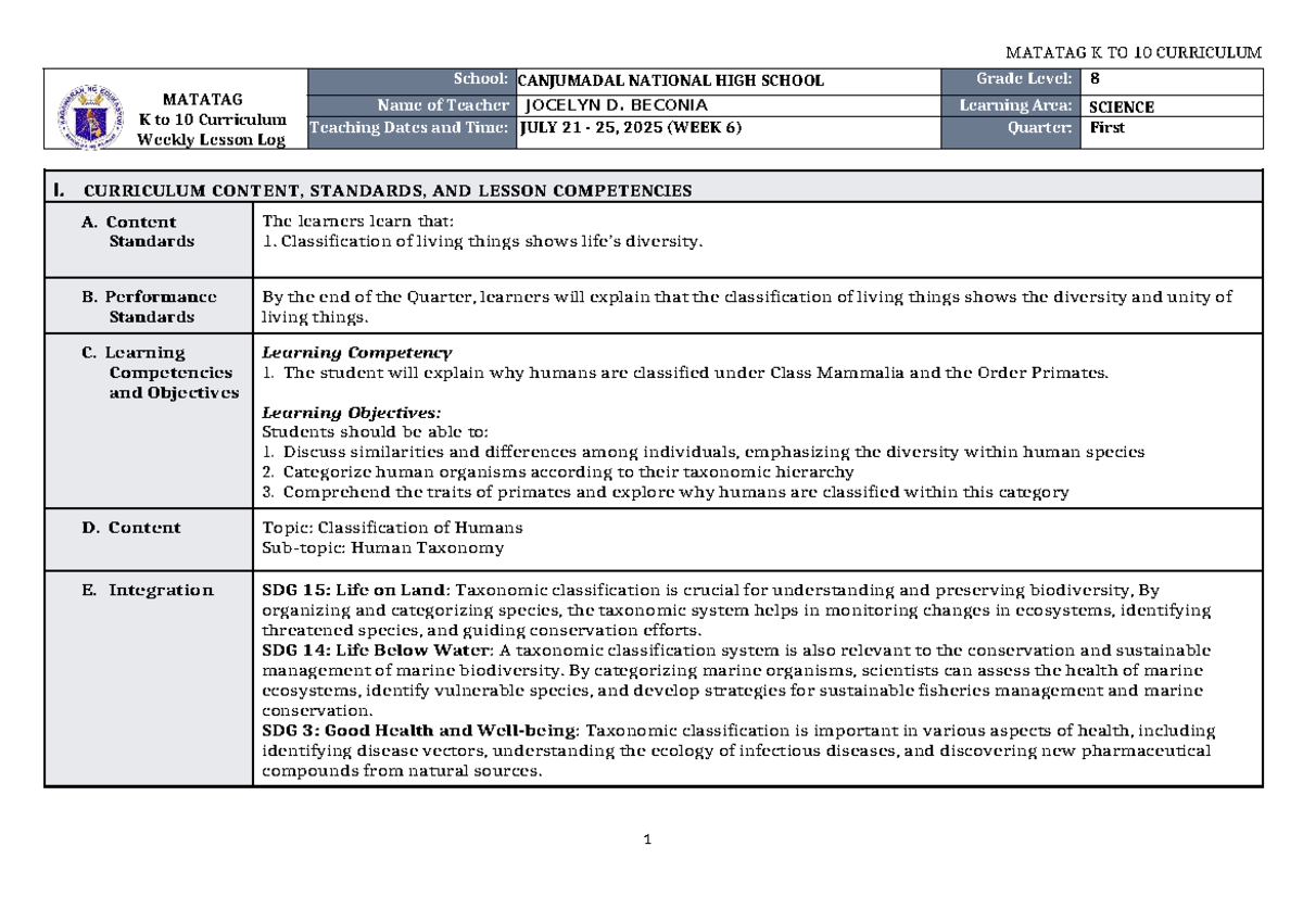 DLL Matatag K to 10 Science 8 Weekly Lesson Log Q1 W6 - Studocu