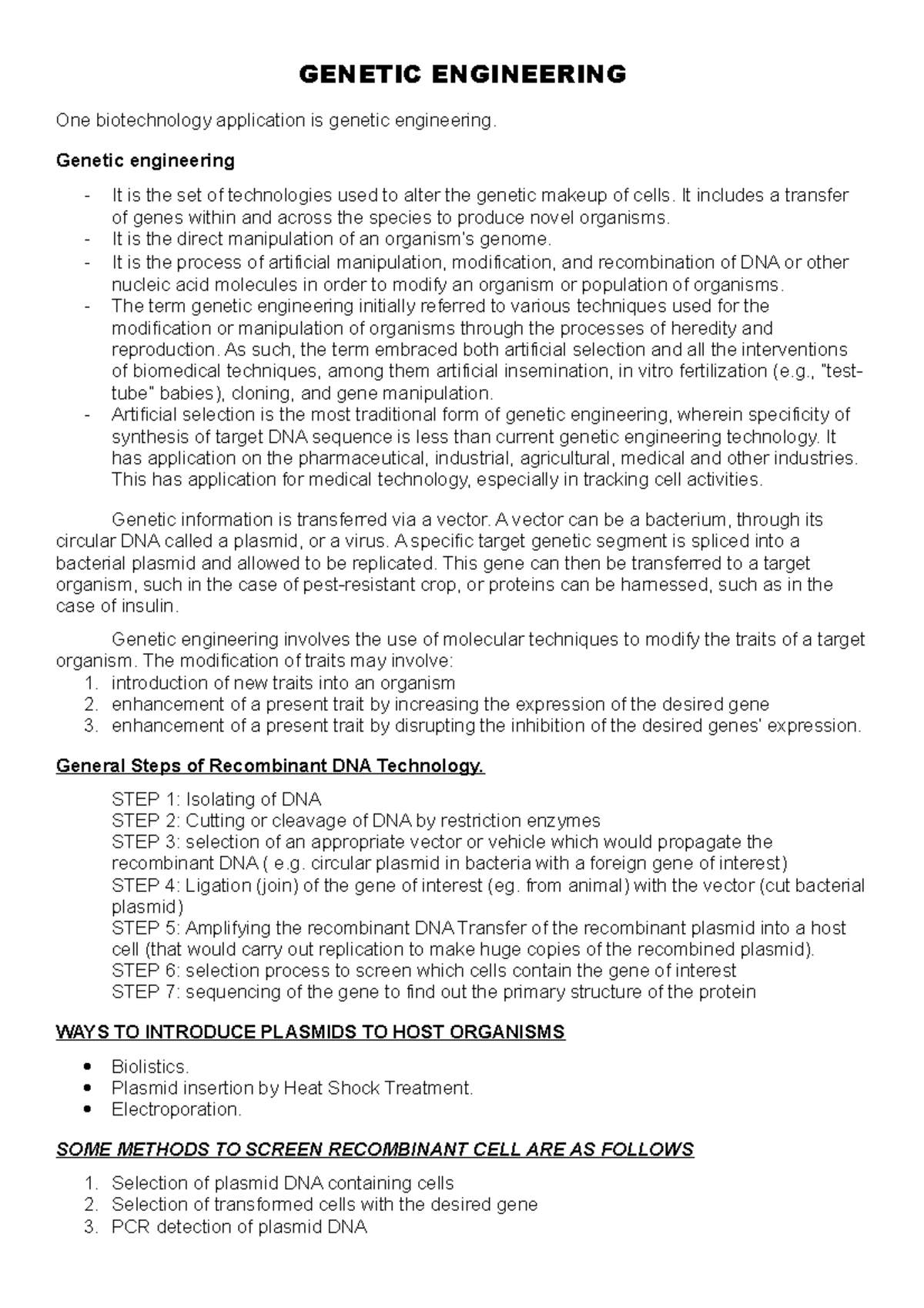 General Biology 2_Genetic Engineering Summary - GENETIC ENGINEERING One ...