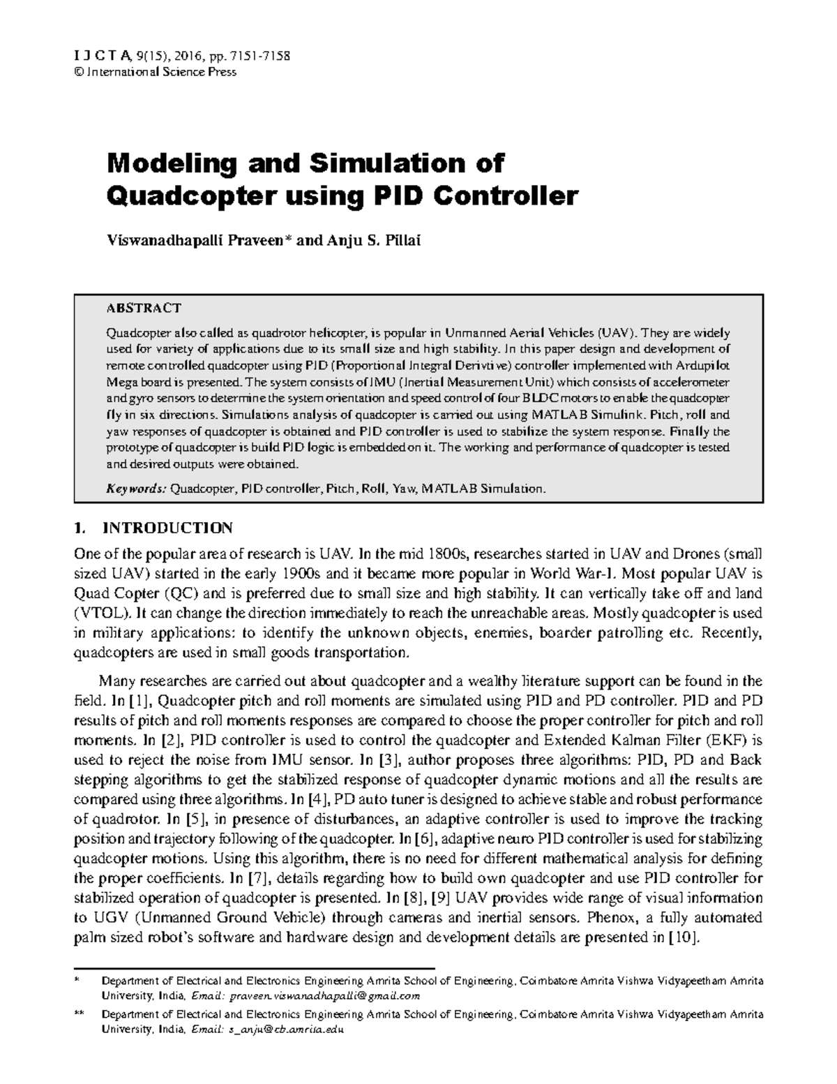 Modeling and Simulation of Quadcopter with PID Control (I J C T A, 9(15 ...