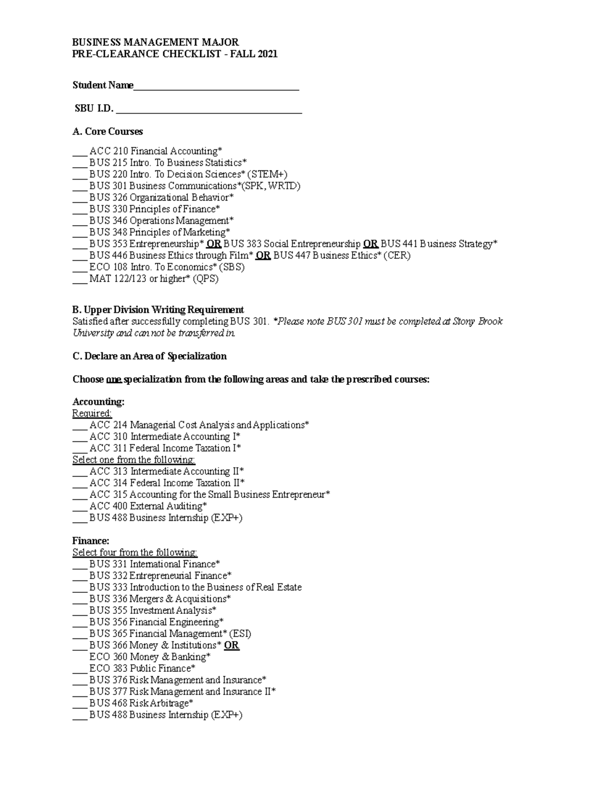BUS 210 Business Management Major Checklist - Fall 2021 - Studocu