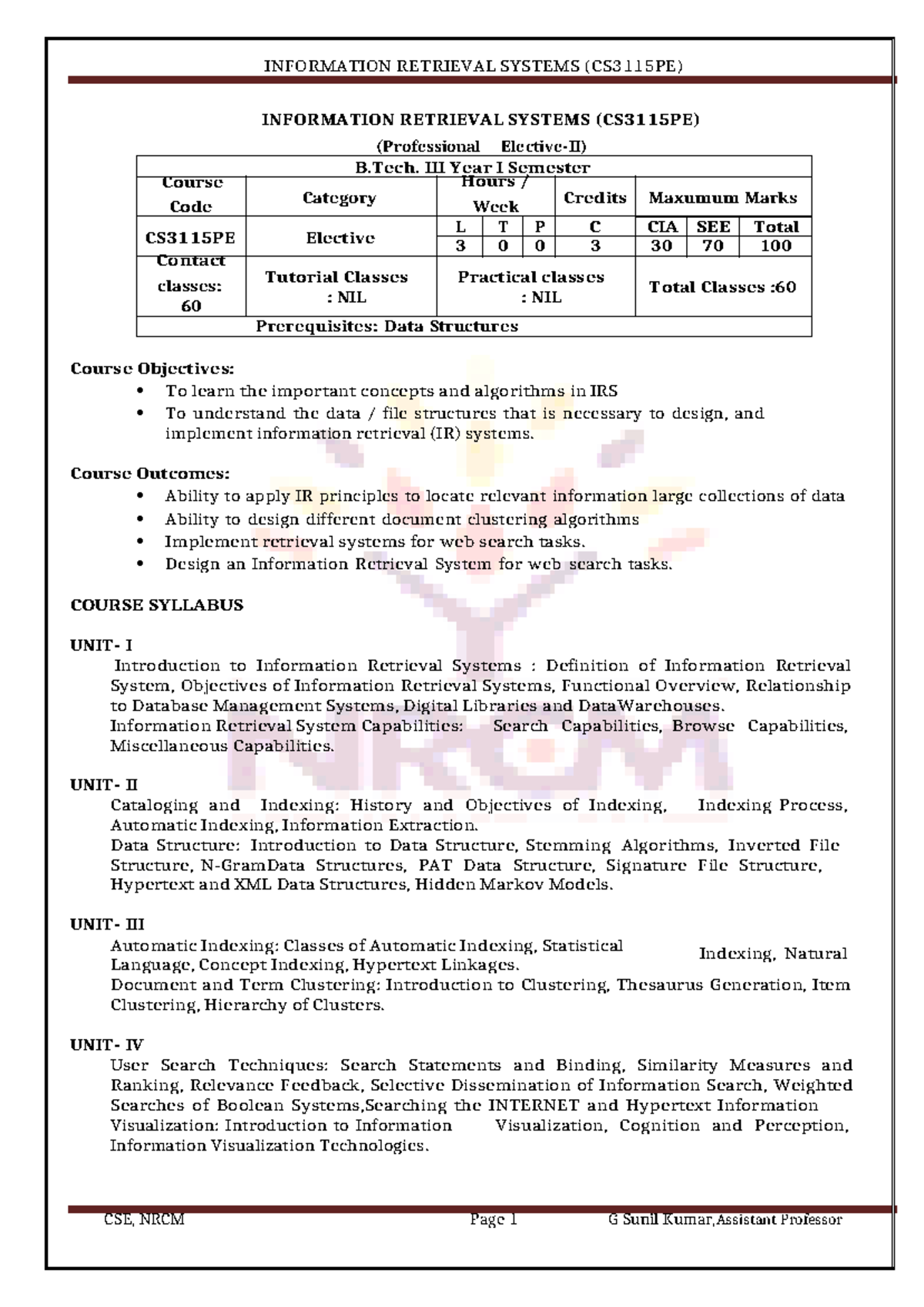 INFORMATION RETRIEVAL SYSTEMS (CS3115PE) Course Overview and Syllabus ...