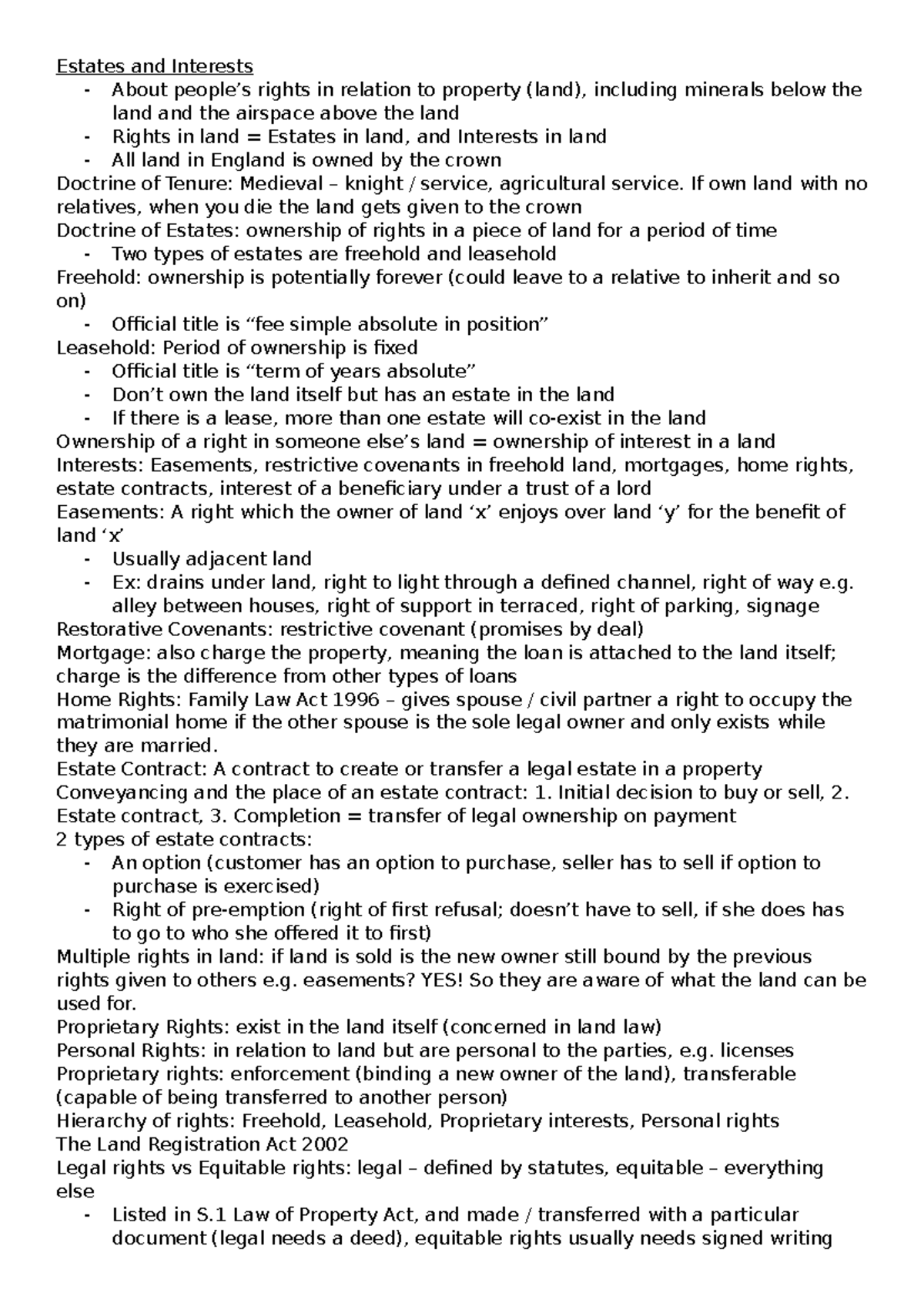 Estates and Interests in Land: Lecture Notes on Property Rights - Studocu