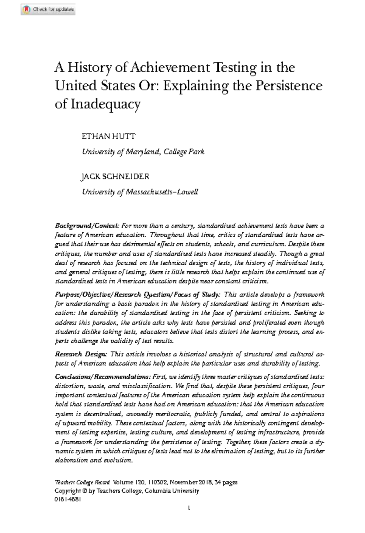 A Historical Analysis of Standardized Testing in U.S. Education: 120 ...