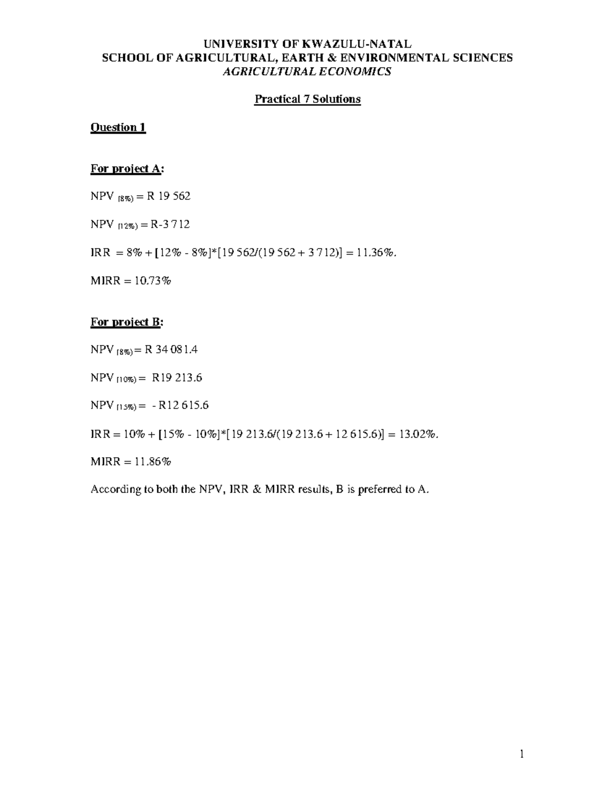 Practical 7 Solutions for AGEC240: NPV and IRR Analysis - Studocu