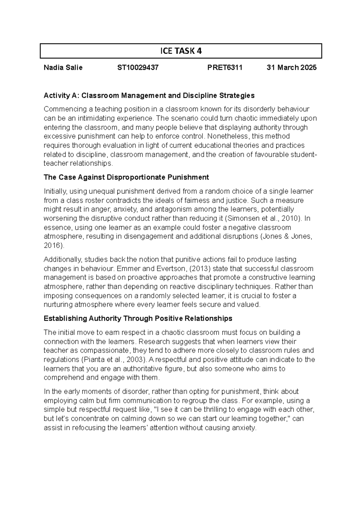 ICE TASK 4 Classroom Management Strategies ST10029437 PRET6311 - Studocu