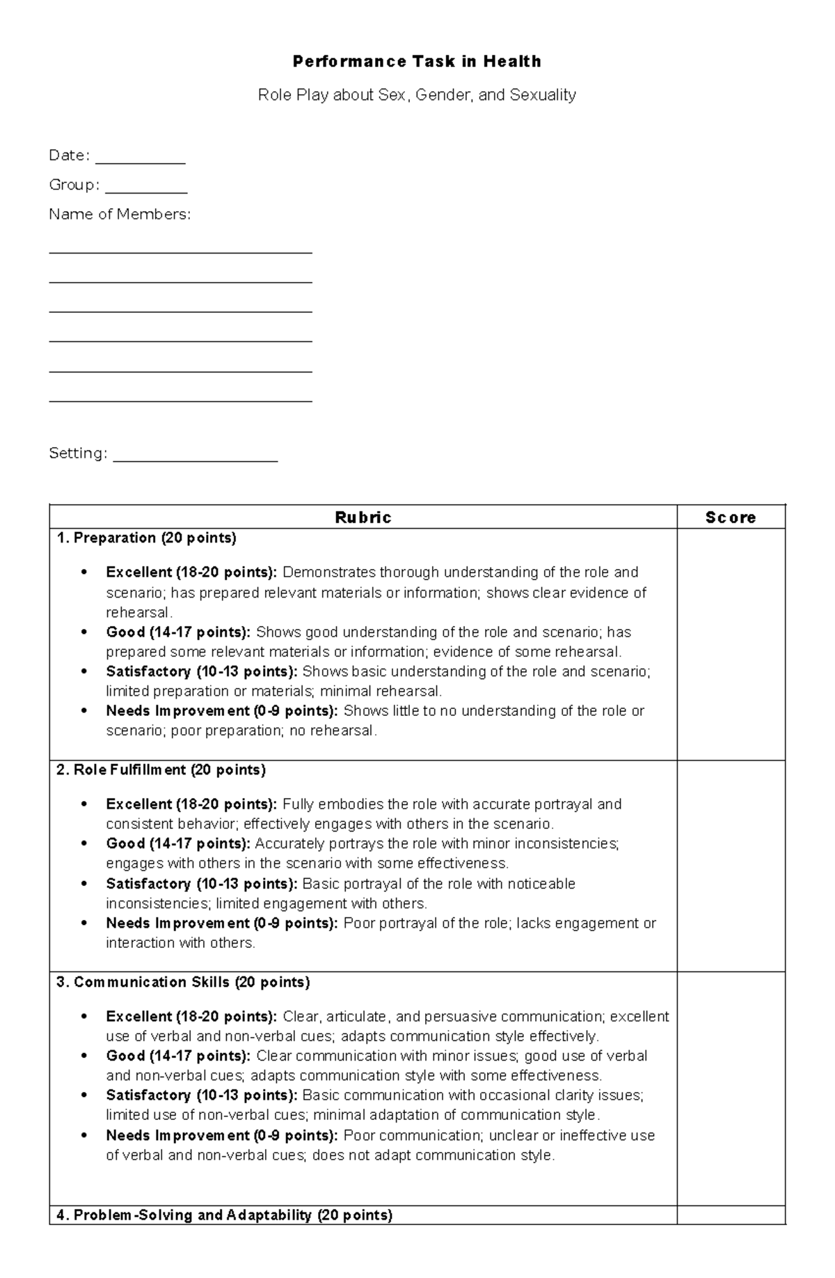 Performance Task in Health (m1) - Performance Task in Health Role Play ...