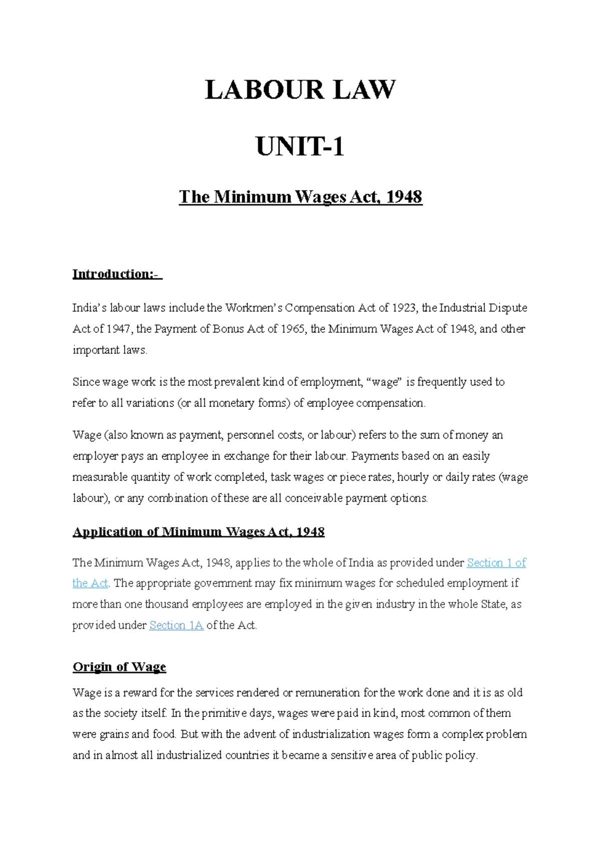 Labour Law 101: Key Insights from Unit 1 on Minimum Wages Act, 1948 ...