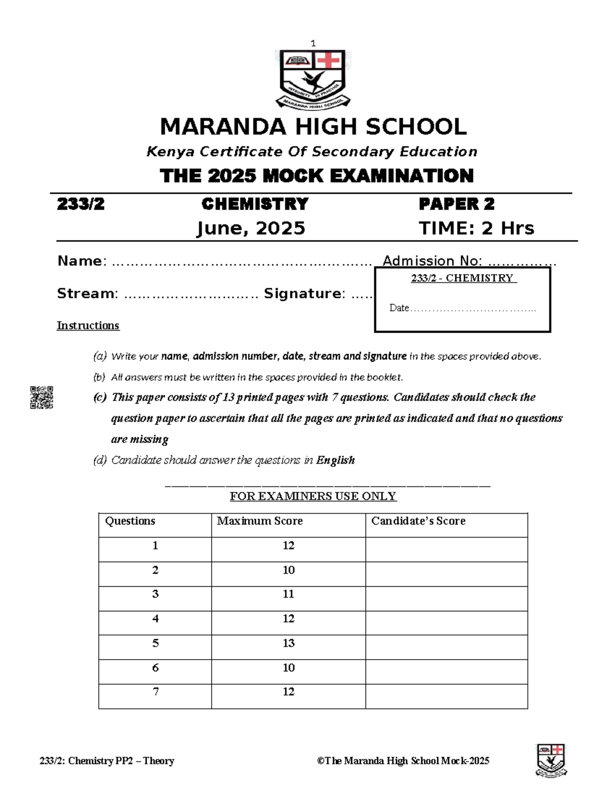 Maranda High School KCSE 2025 Mock Exam Chemistry Paper 2 - Studocu