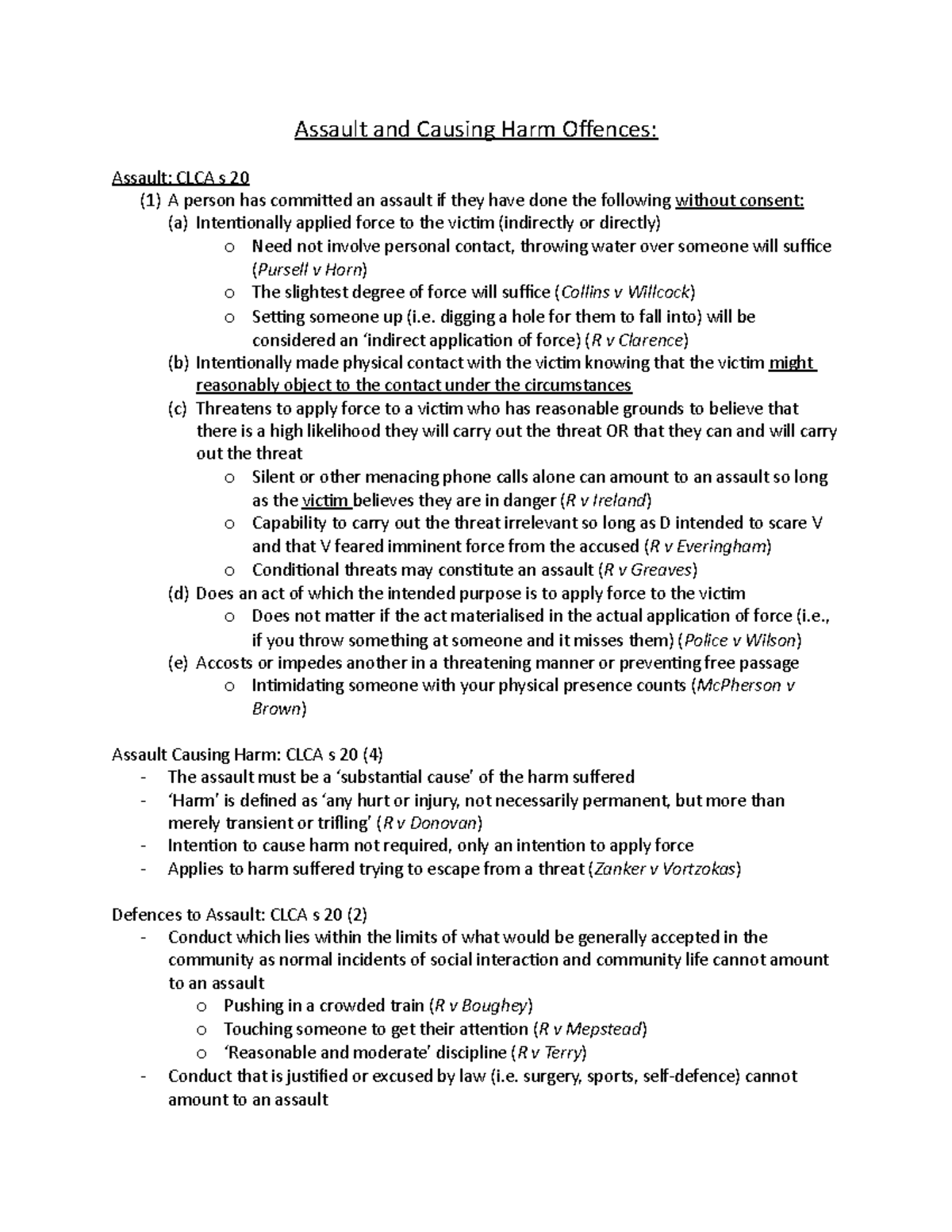 Criminal Law Exam Revision - Assault and Causing Harm Offences: Assault ...
