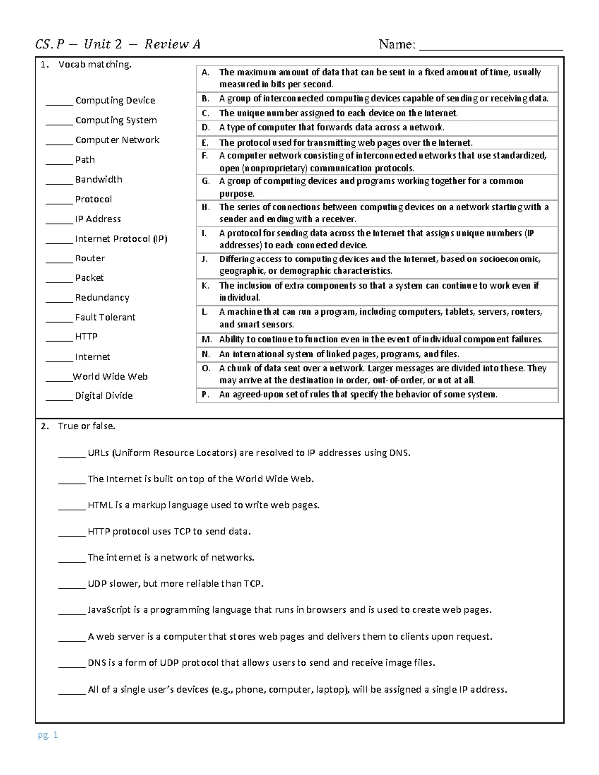 Unit 2 - Review A: Networking Concepts and Definitions - Studocu