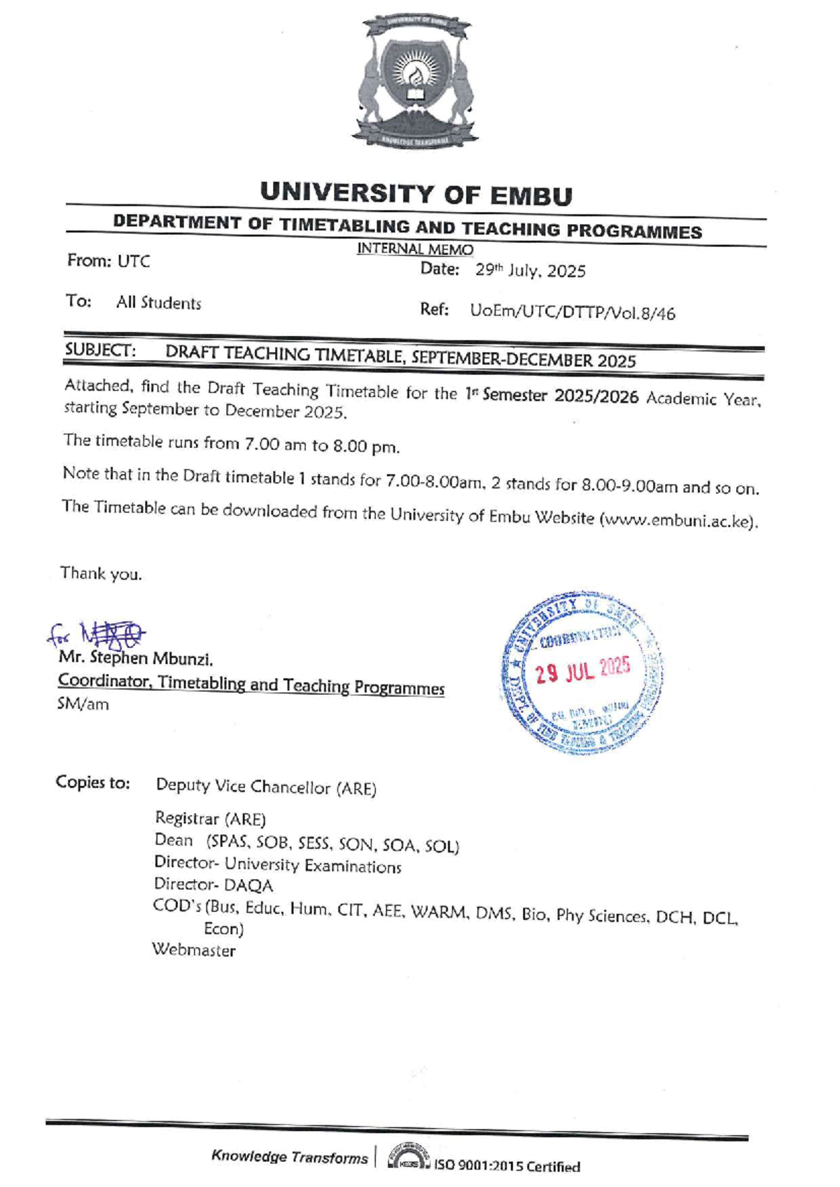 Draft Teaching Timetable for 1st Semester AY 2025 - University of Embu ...
