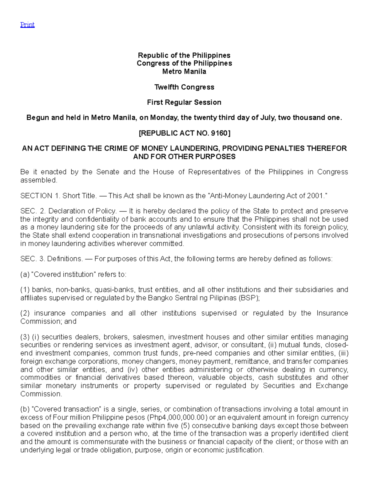 Republic Act No. 9160 - Print Republic of the Philippines Congress of ...